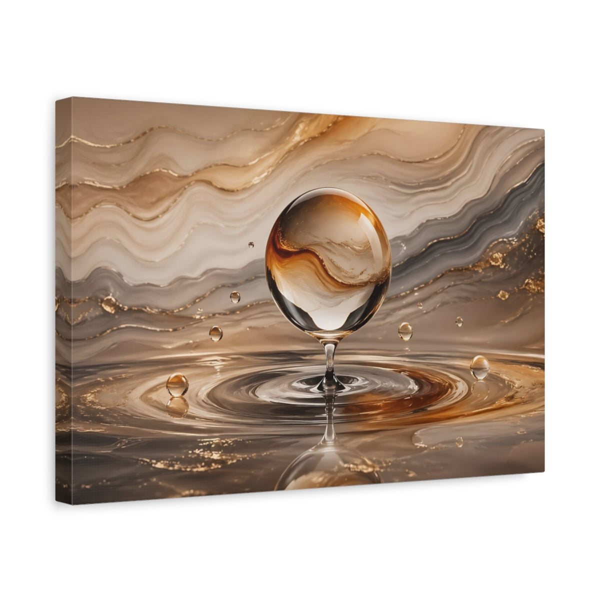 Side Mockup 4. Abstract Glass Sphere Gold And Brown shown as stretched canvas wall art