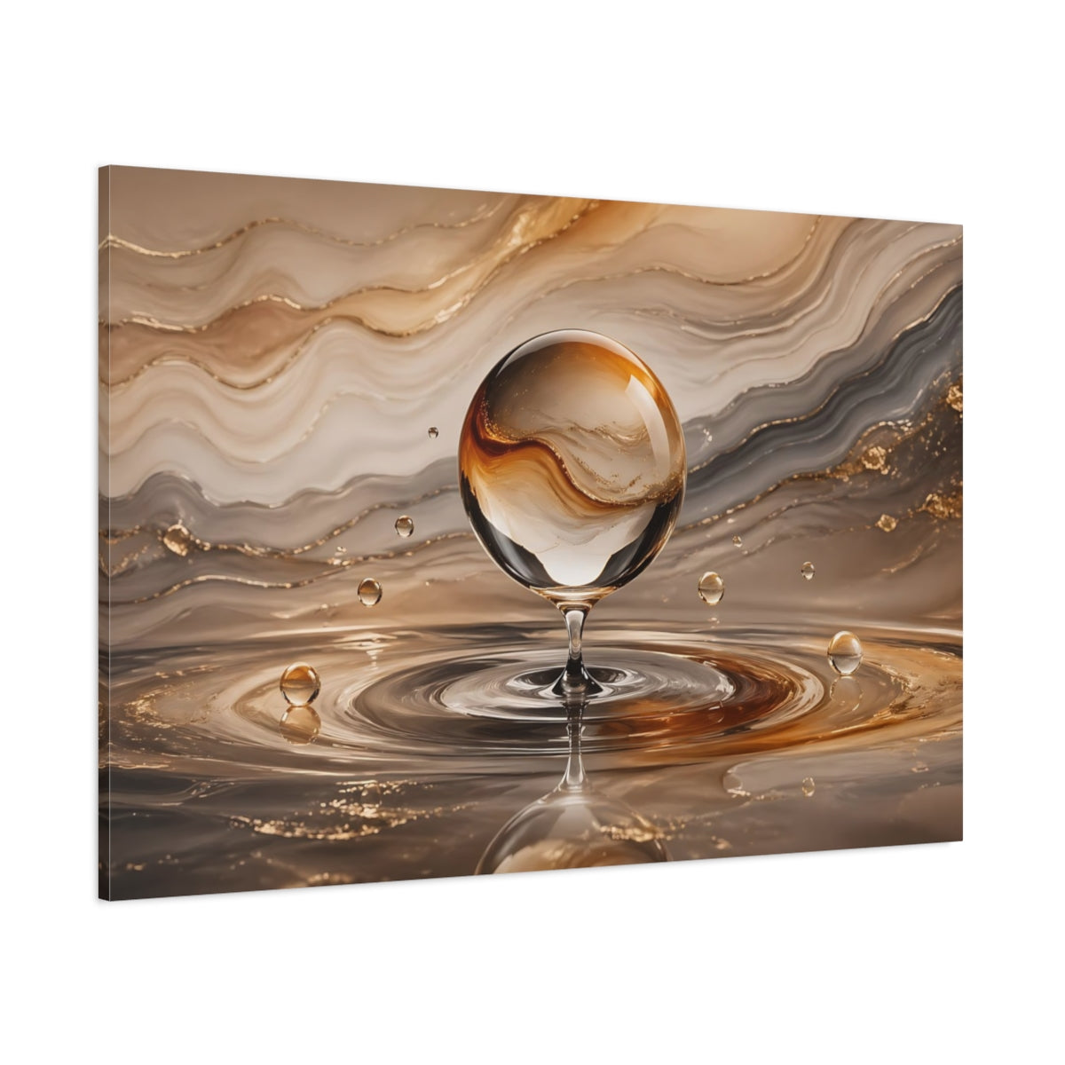 Side Mockup 1. Abstract Glass Sphere Gold And Brown shown as stretched canvas wall art