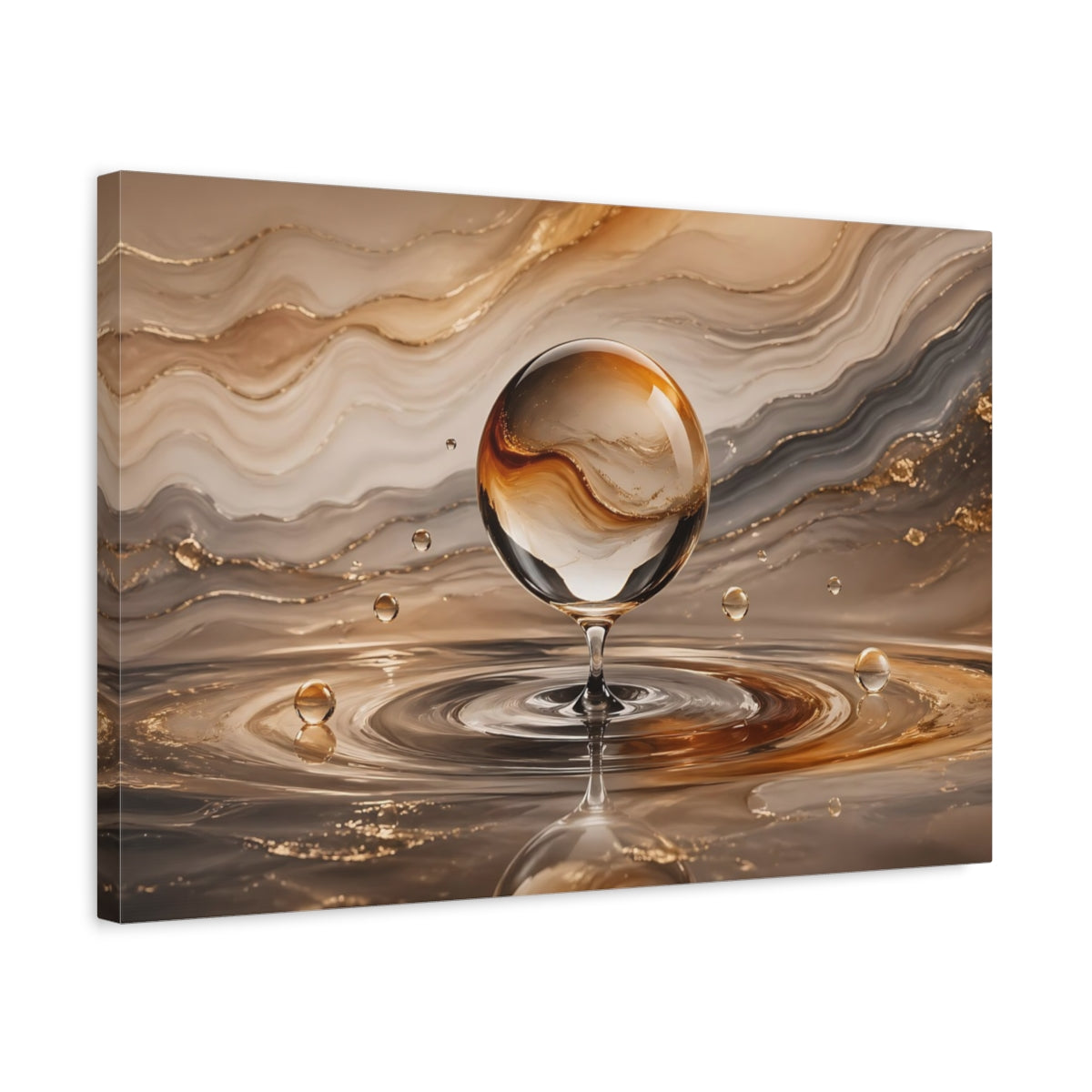 Side Mockup 3. Abstract Glass Sphere Gold And Brown shown as stretched canvas wall art