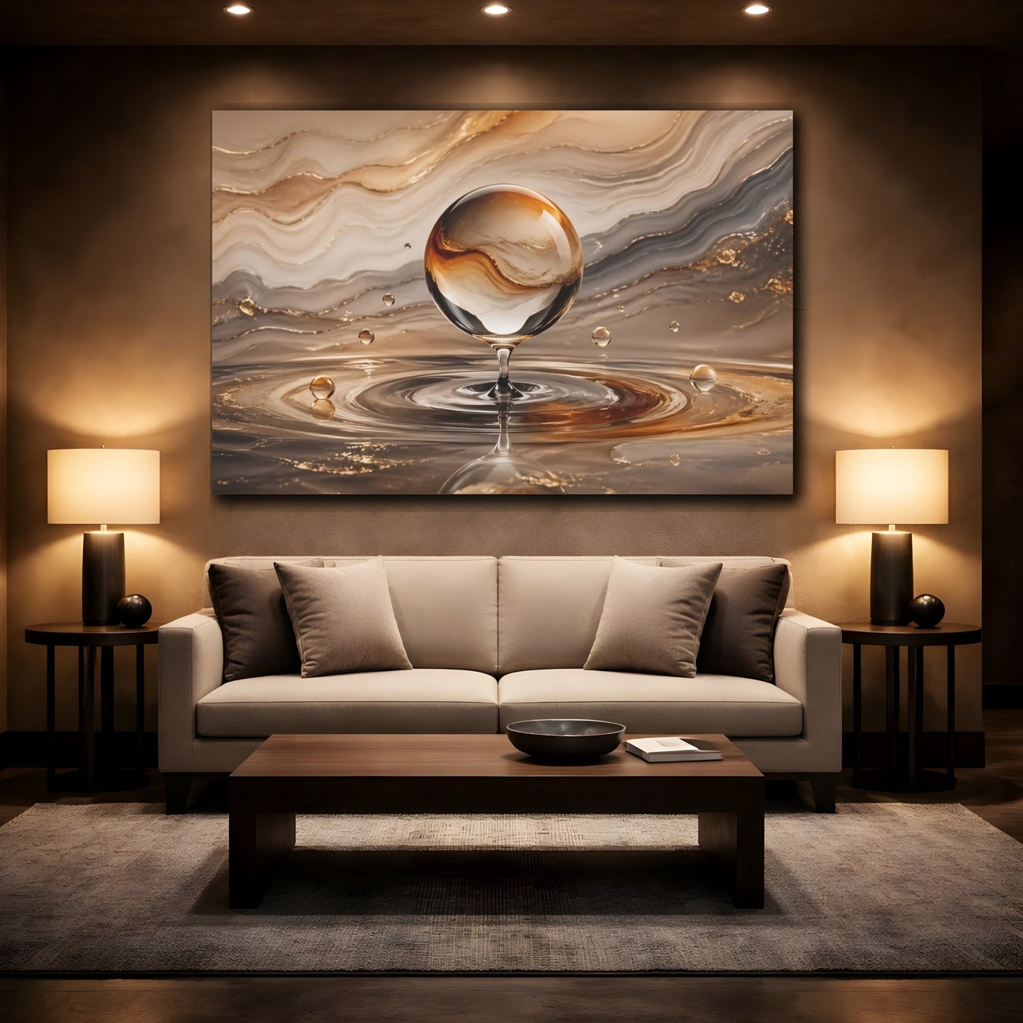 Mockup 2. Abstract Glass Sphere Gold And Brown shown as stretched canvas wall art