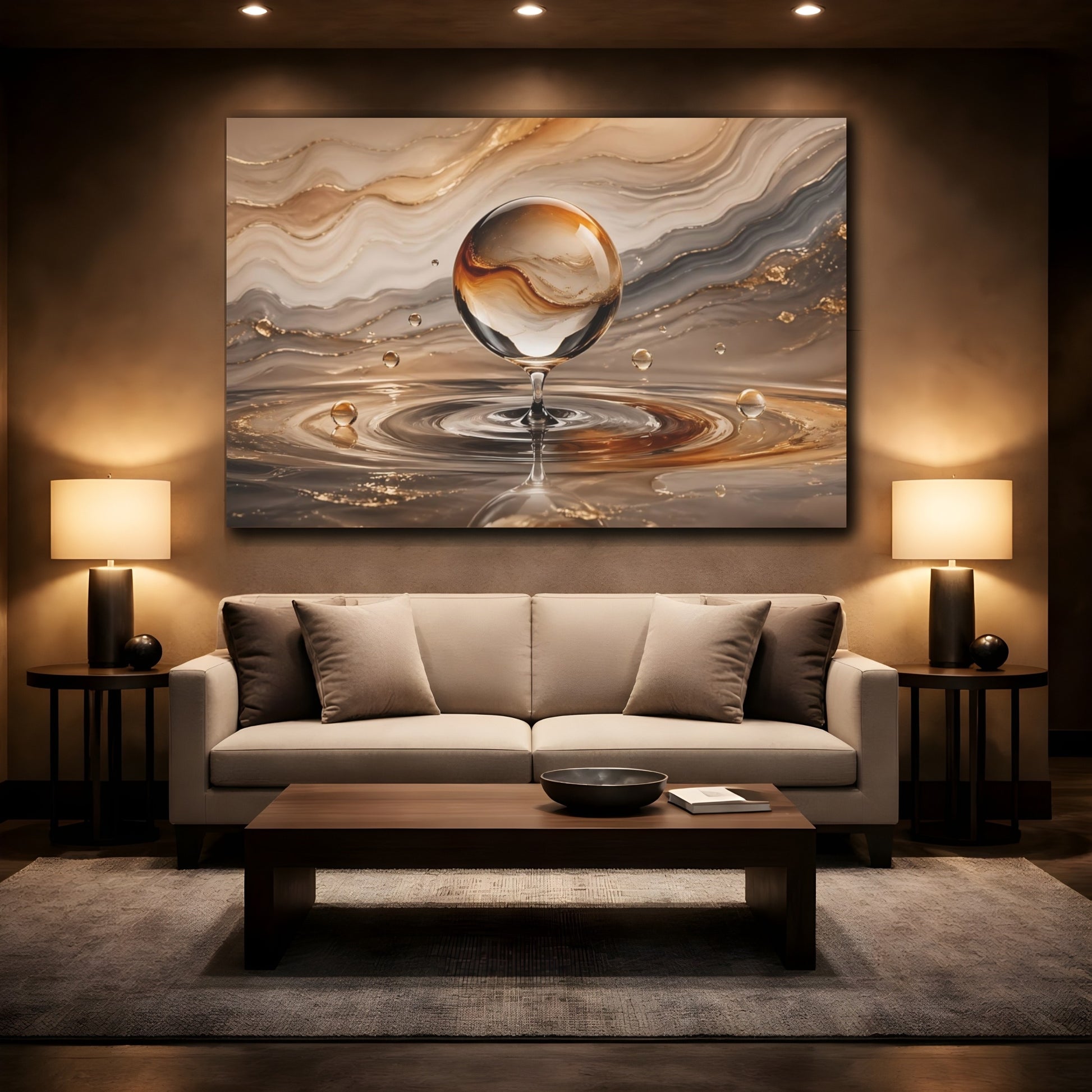 Mockup 2. Abstract Glass Sphere Gold And Brown shown as stretched canvas wall art