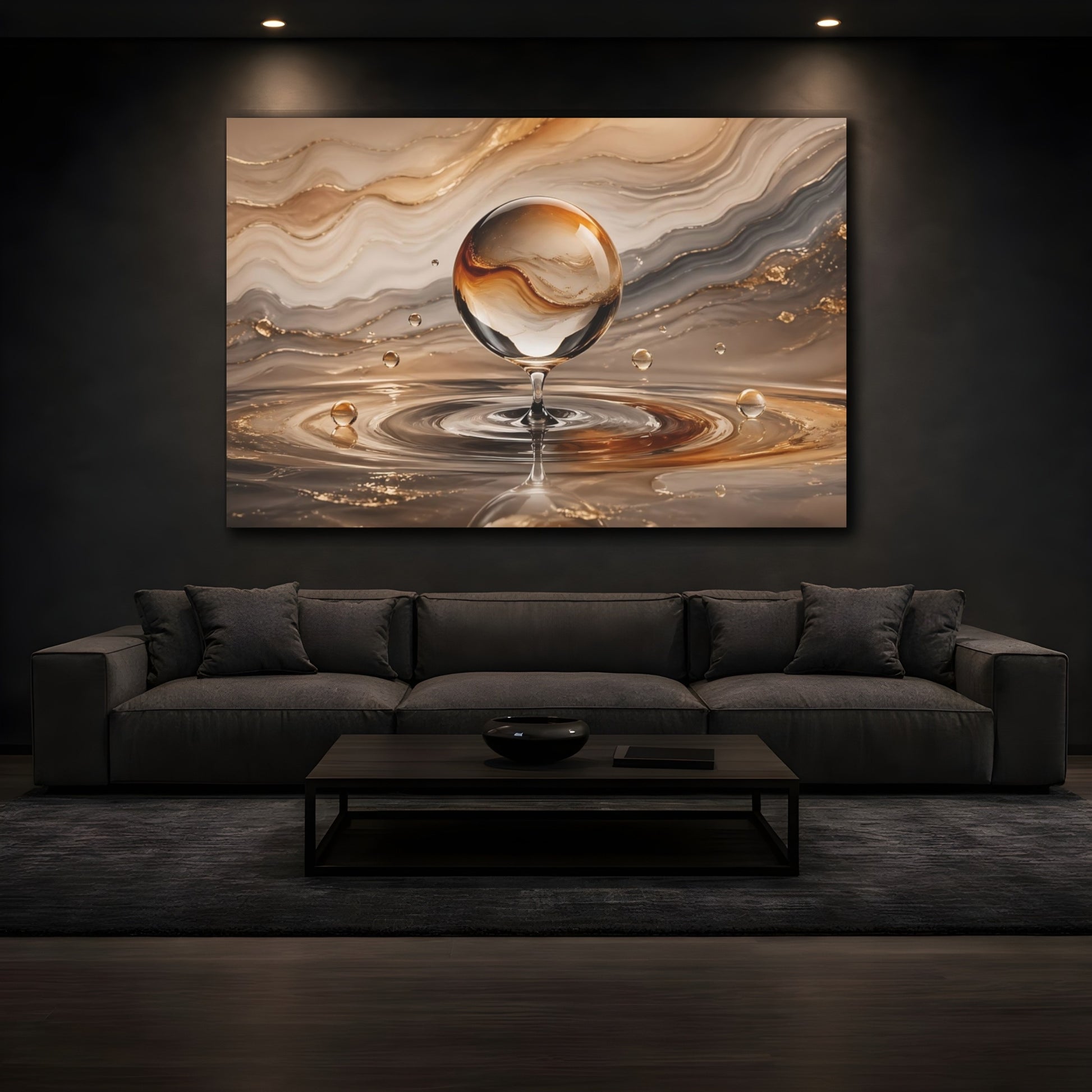 Mockup 3. Abstract Glass Sphere Gold And Brown shown as stretched canvas wall art