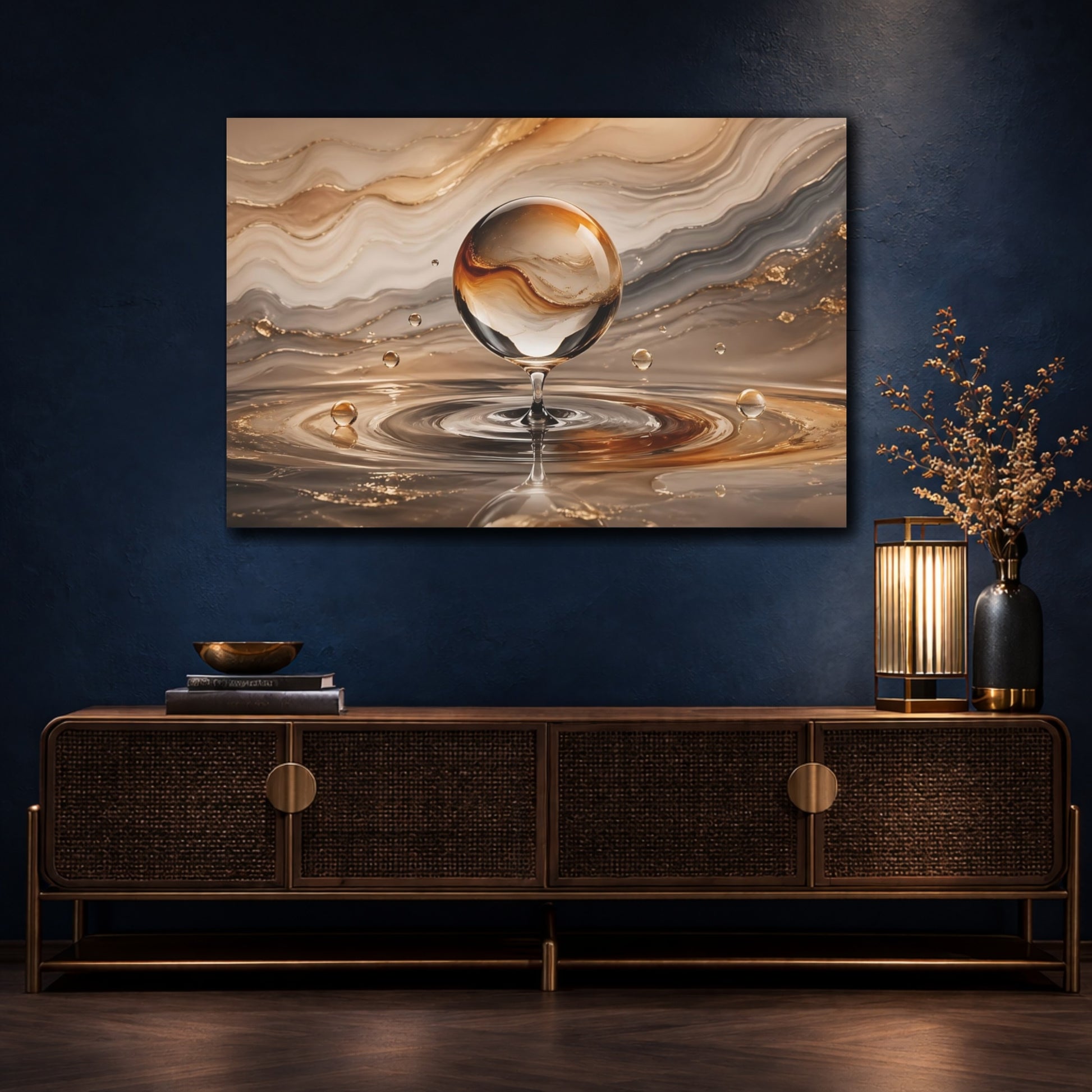 Mockup 4. Abstract Glass Sphere Gold And Brown shown as stretched canvas wall art
