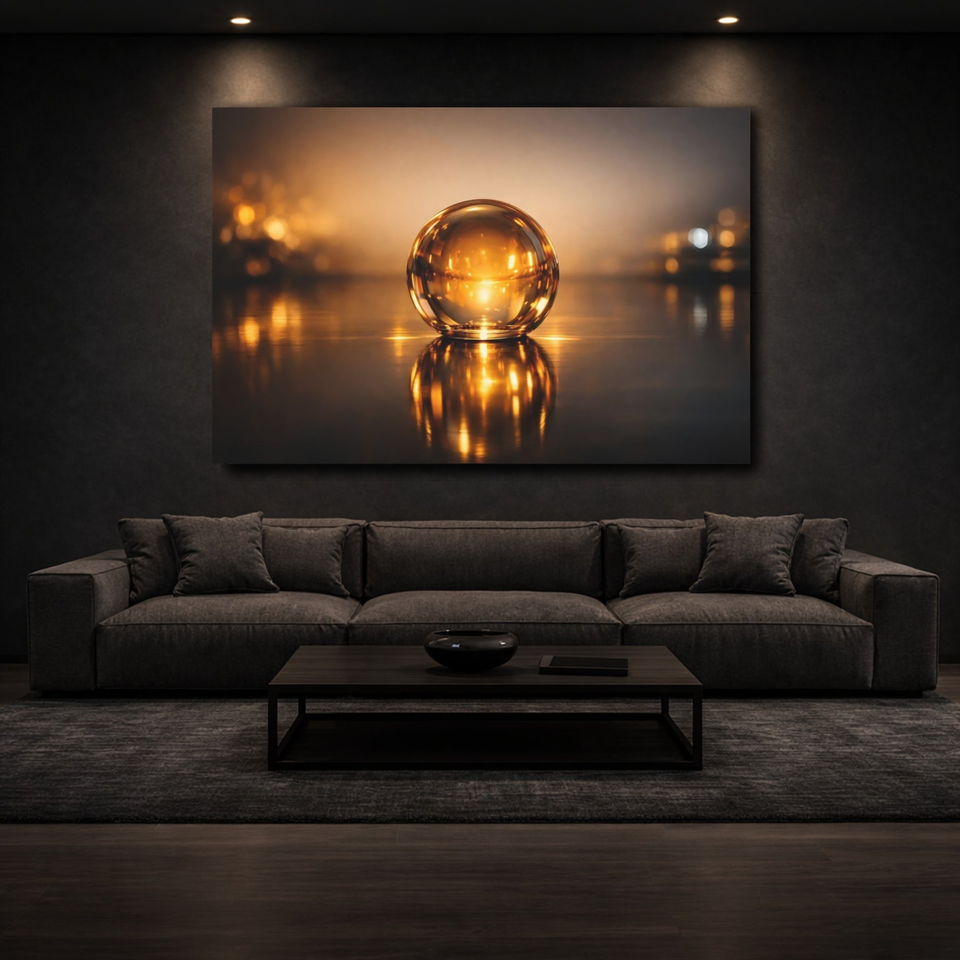 Mockup 2. Abstract Glass Sphere Golden Sphere shown as stretched canvas wall art