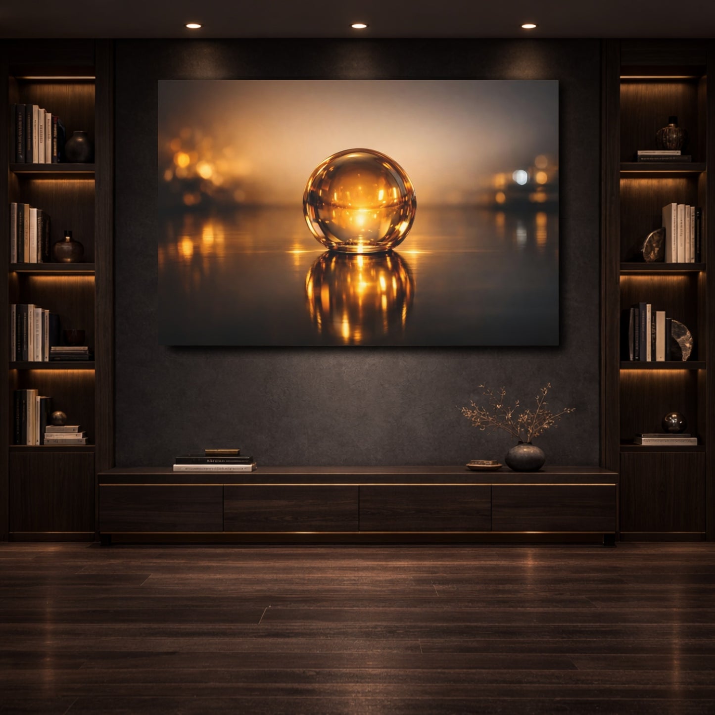 Mockup 3. Abstract Glass Sphere Golden Sphere shown as stretched canvas wall art