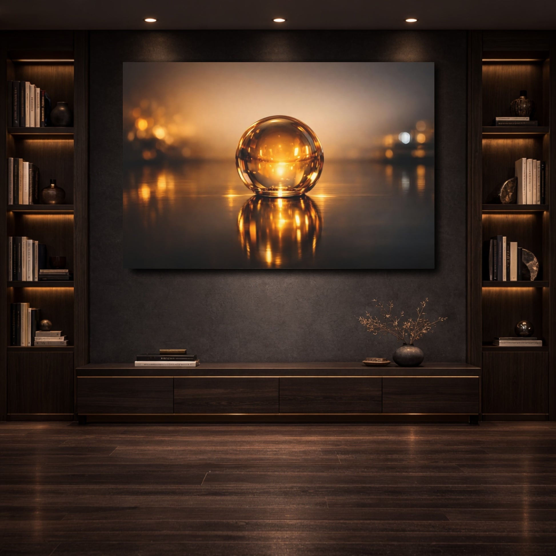 Mockup 3. Abstract Glass Sphere Golden Sphere shown as stretched canvas wall art