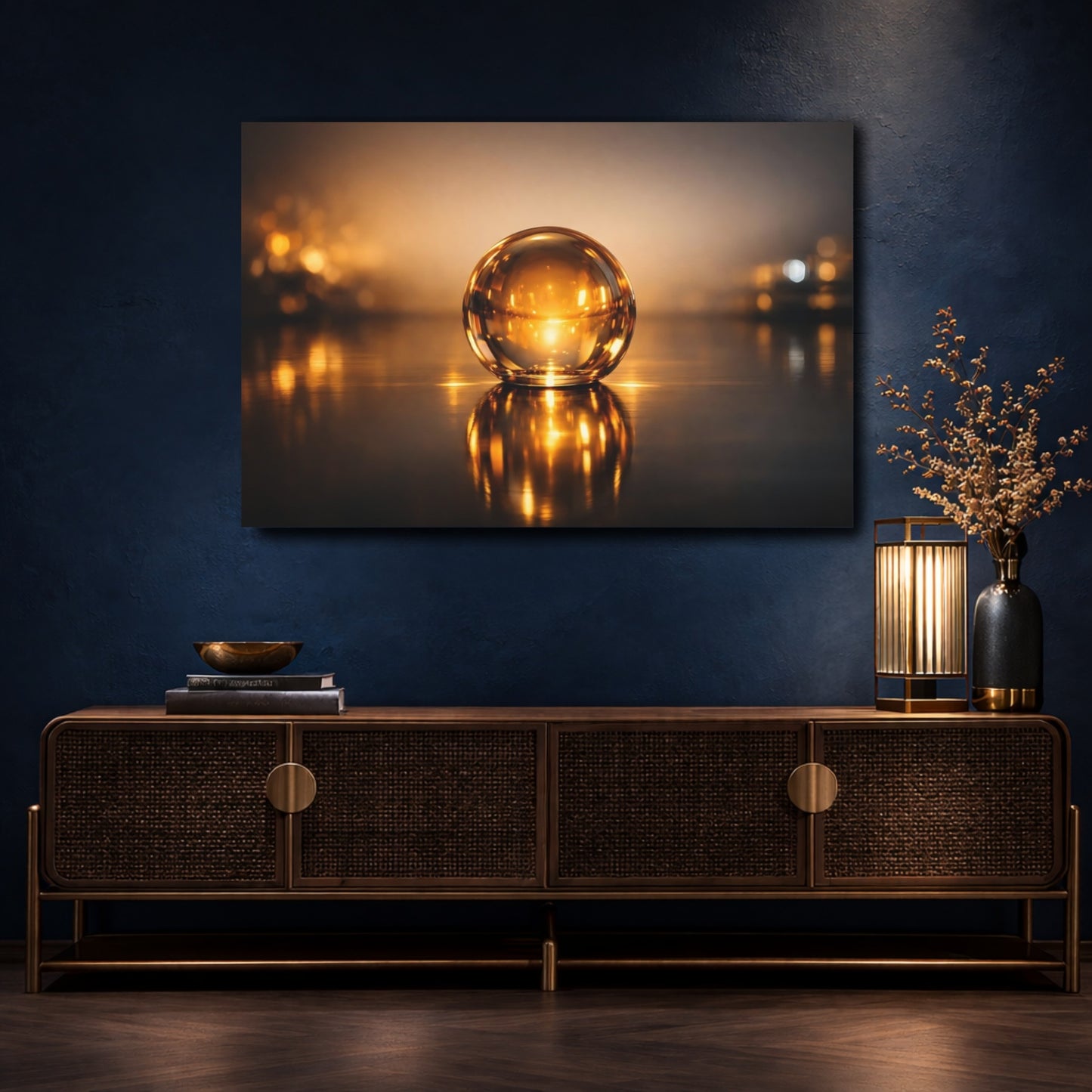 Mockup 4. Abstract Glass Sphere Golden Sphere shown as stretched canvas wall art