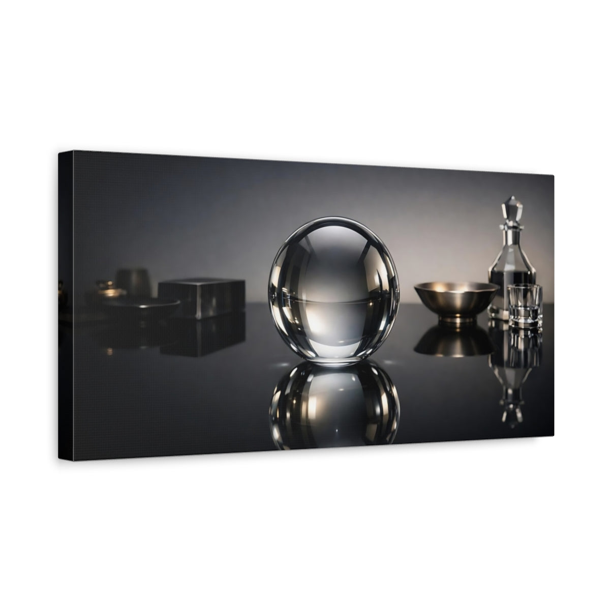 Side Mockup 3. Abstract Glass Sphere Monochrome Still Life shown as stretched canvas wall art