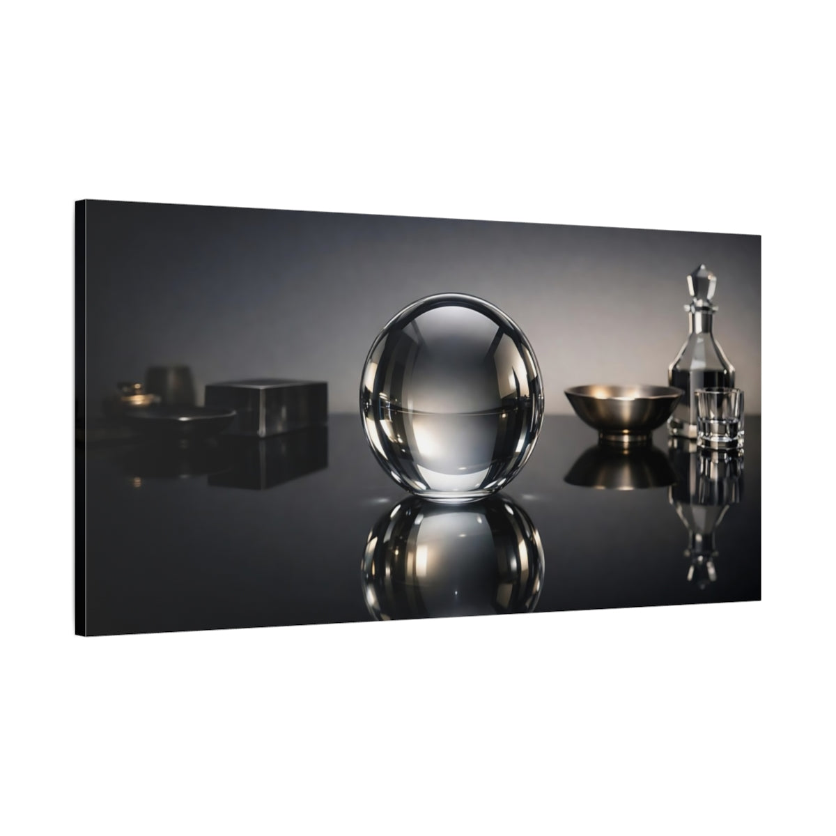 Side Mockup 1. Abstract Glass Sphere Monochrome Still Life shown as stretched canvas wall art