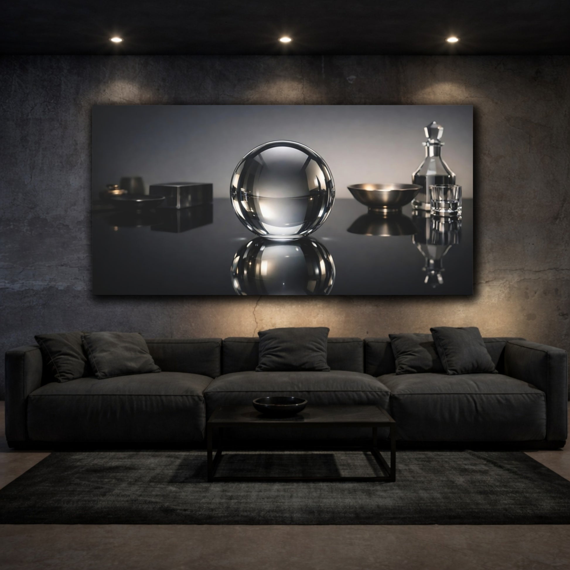 Mockup 2. Abstract Glass Sphere Monochrome Still Life shown as stretched canvas wall art
