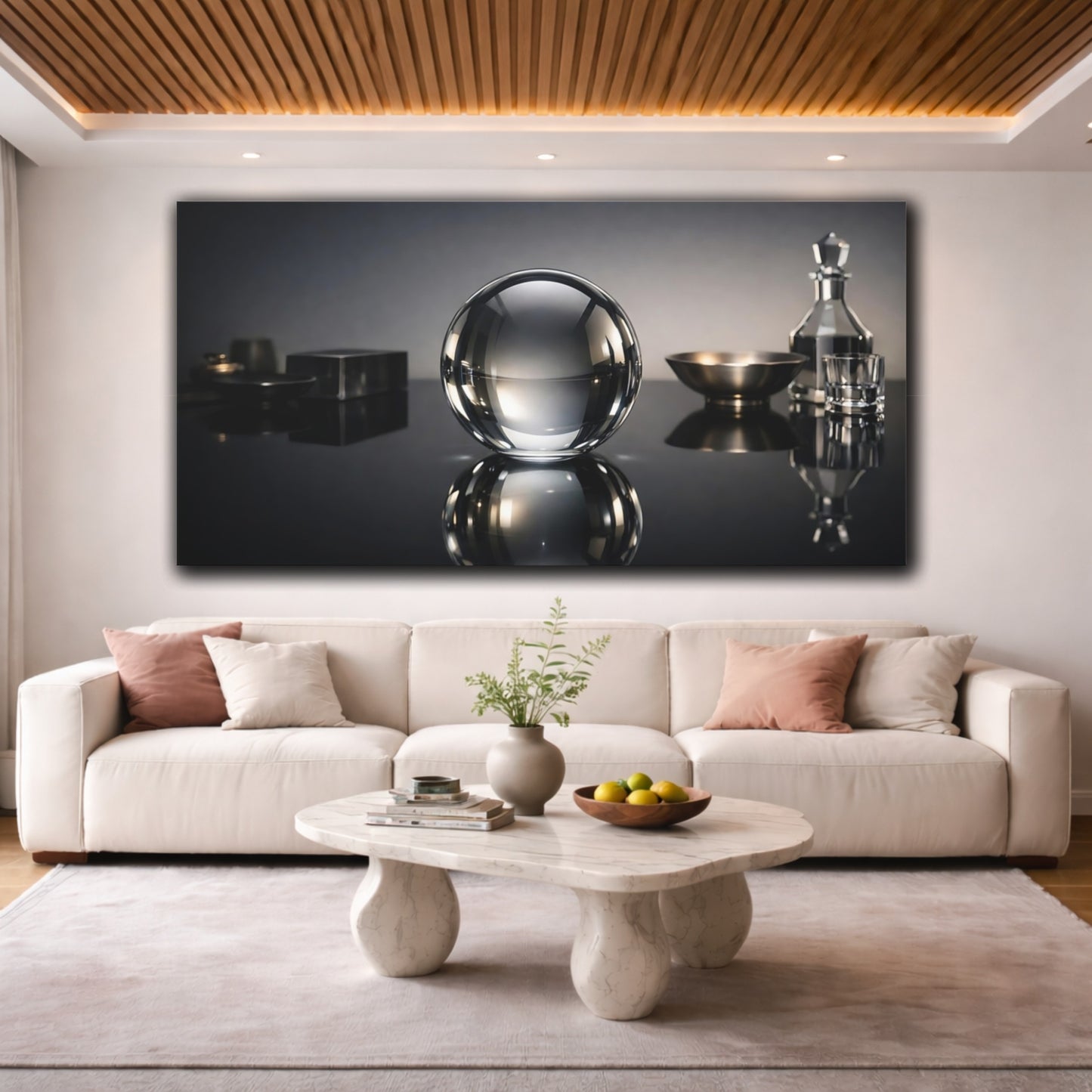 Mockup 3. Abstract Glass Sphere Monochrome Still Life shown as stretched canvas wall art