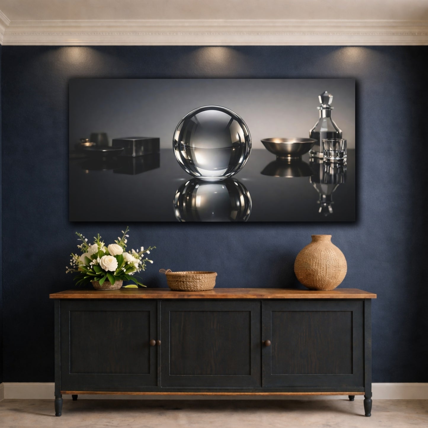 Mockup 4. Abstract Glass Sphere Monochrome Still Life shown as stretched canvas wall art
