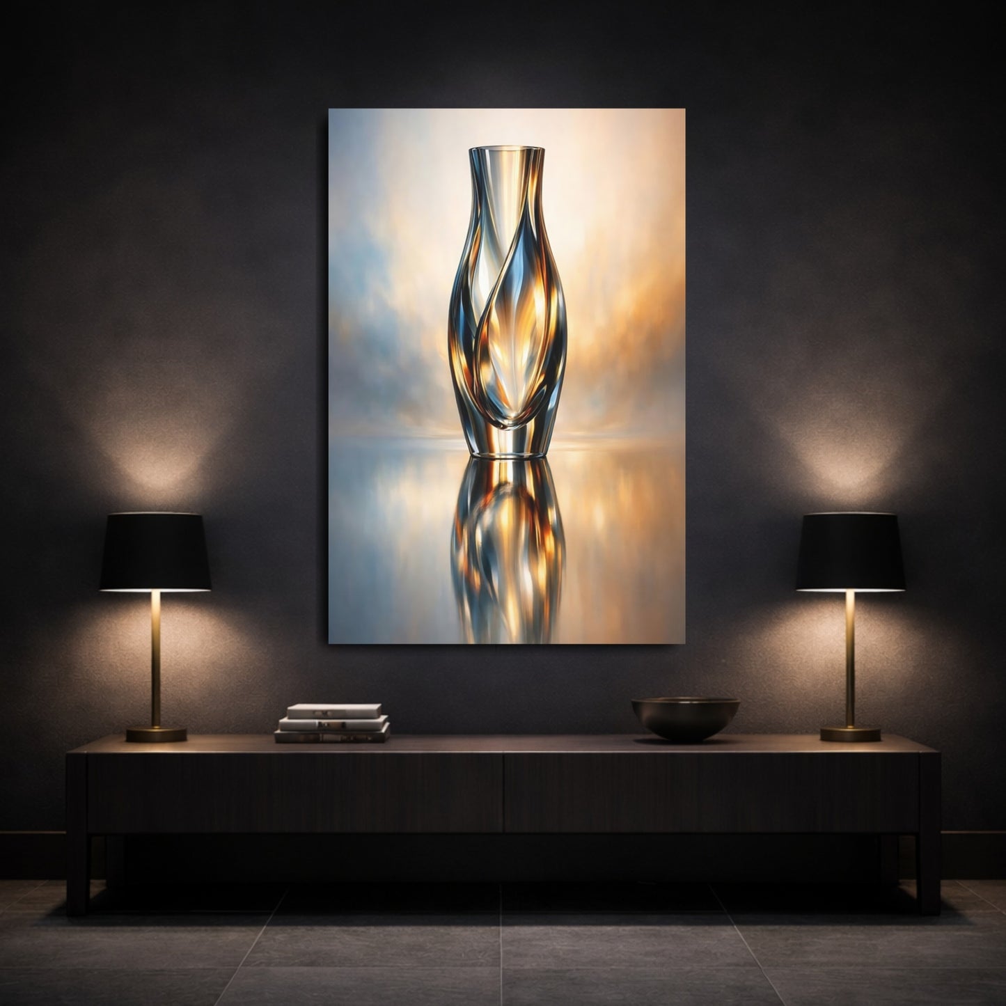 Abstract Glass Vase Blue And Gold shown as front canvas room wall art