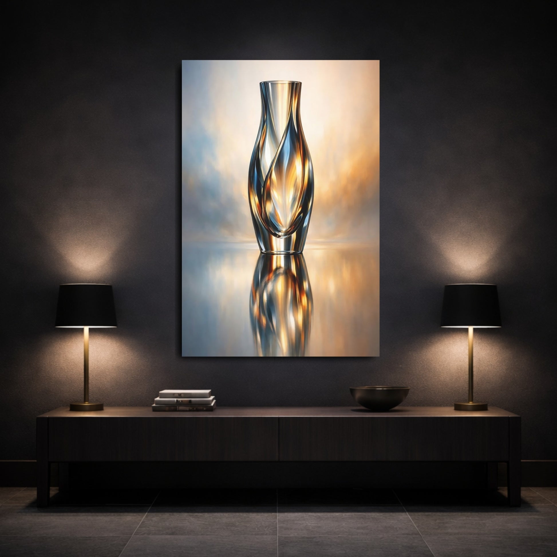 Abstract Glass Vase Blue And Gold shown as front canvas room wall art