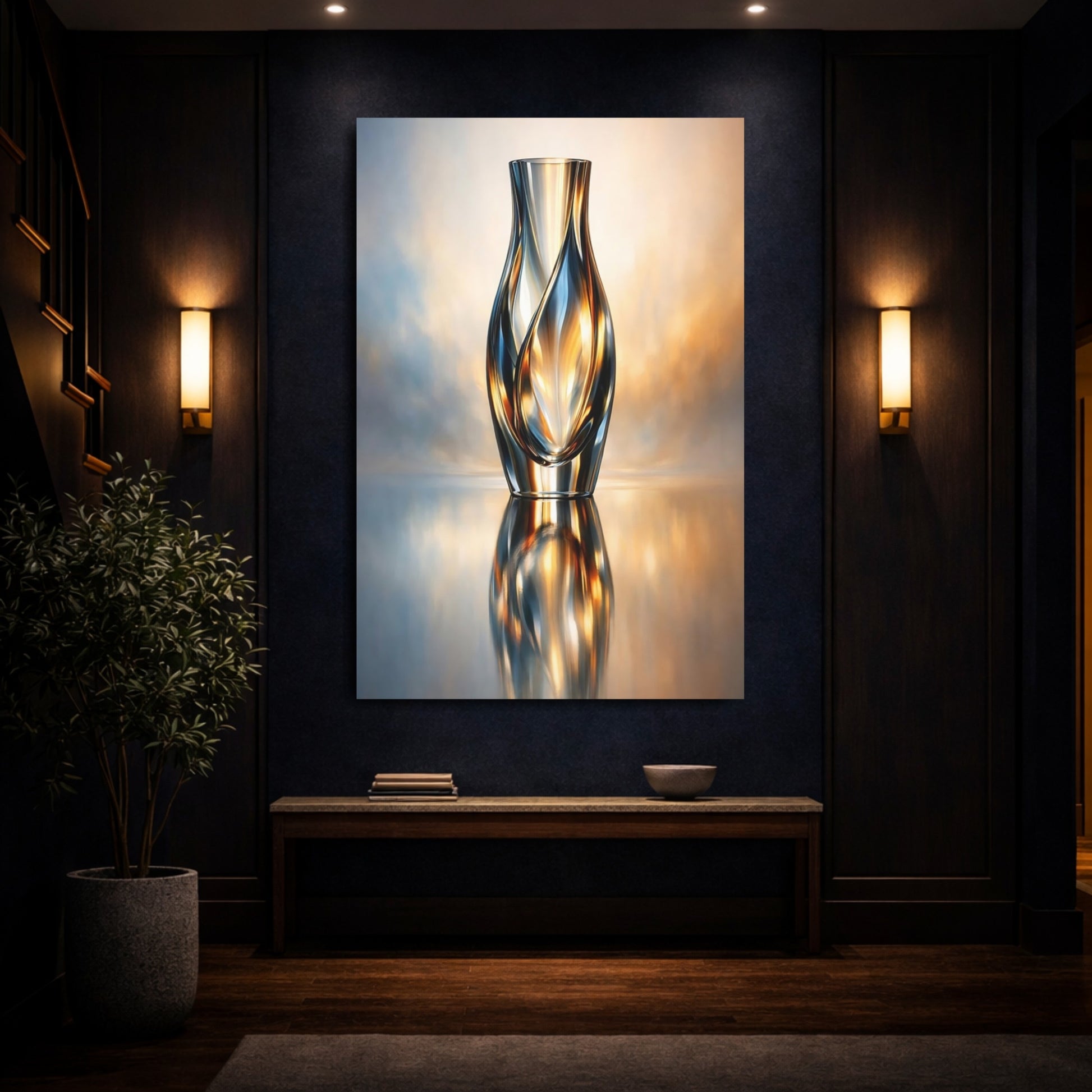 Abstract Glass Vase Gold And Blue Vase shown as front canvas room wall art