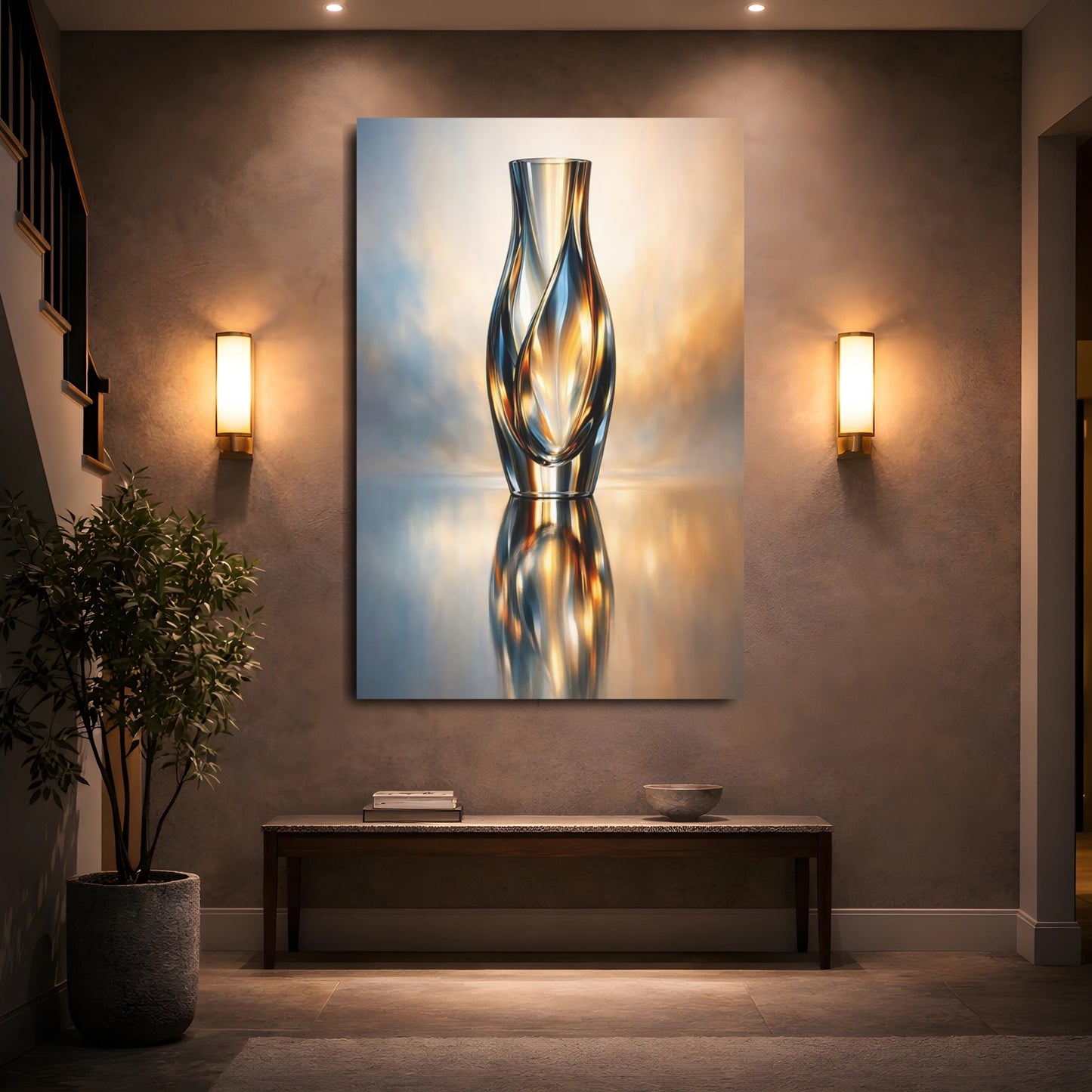 Abstract Glass Vase Gold And Blue Vase shown as front canvas room wall art