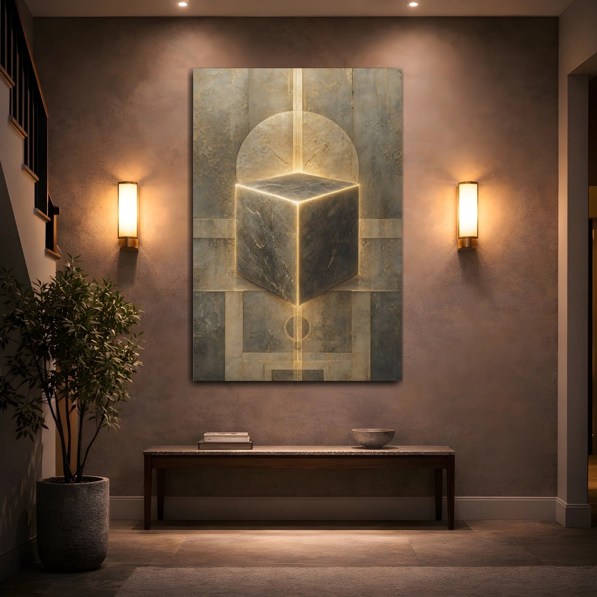 Abstract Glowing Cube Stone Canvas Wall Art Print – Modern Living Room, Above Fireplace - YesArtYes