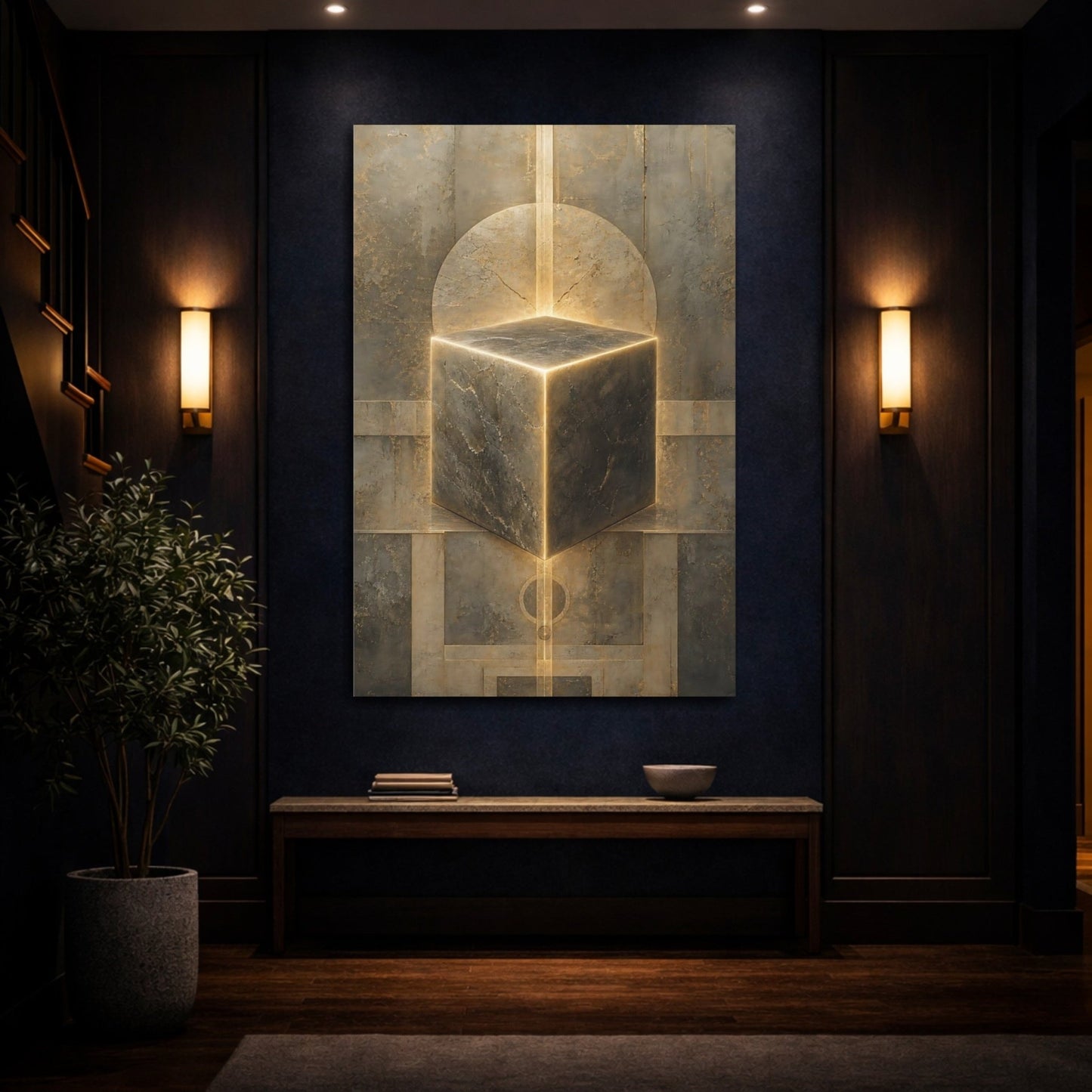 Abstract Glowing Cube Stone Canvas Wall Art Print – Modern Living Room, Above Fireplace - YesArtYes
