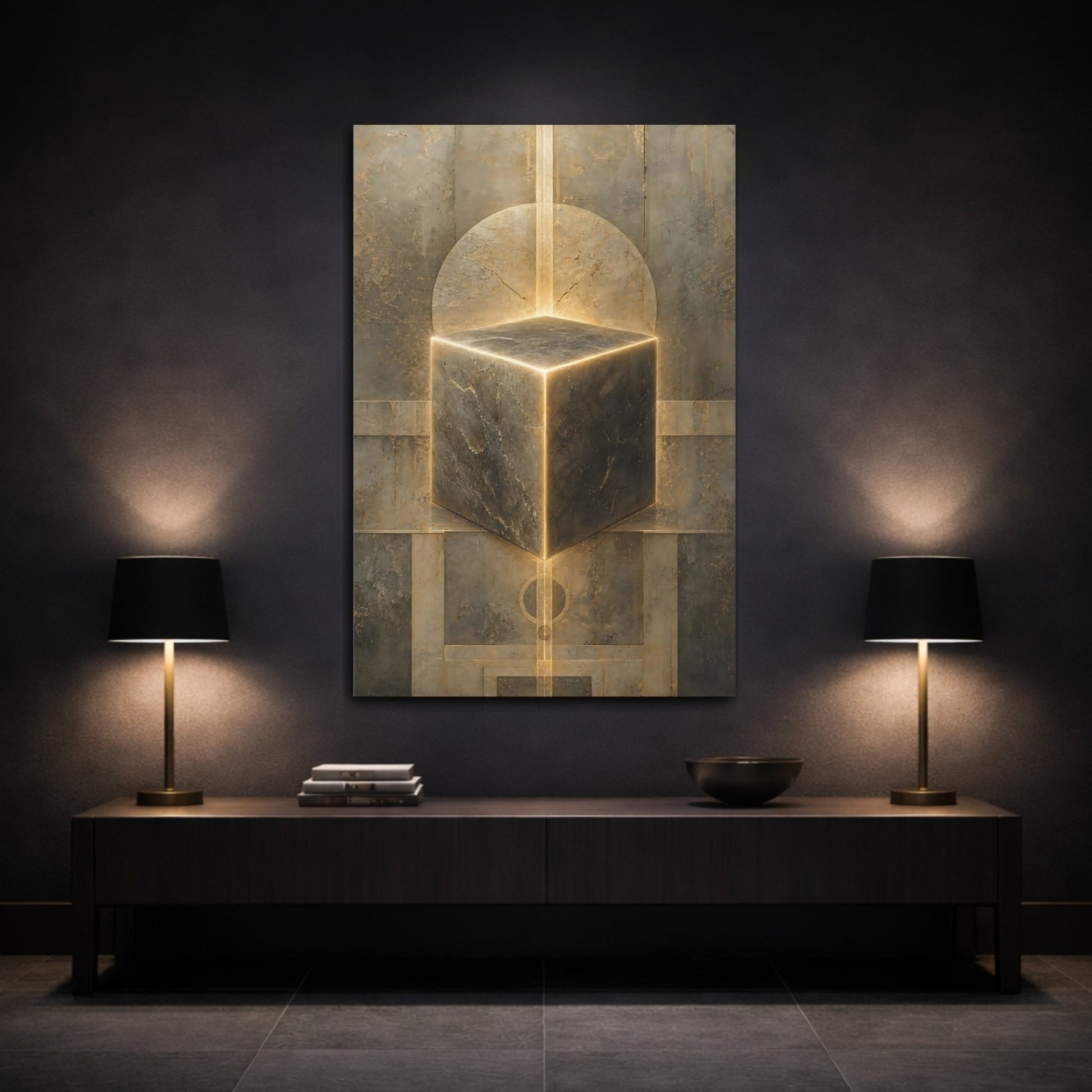 Abstract Glowing Cube Stone Canvas Wall Art Print – Modern Living Room, Above Fireplace - YesArtYes