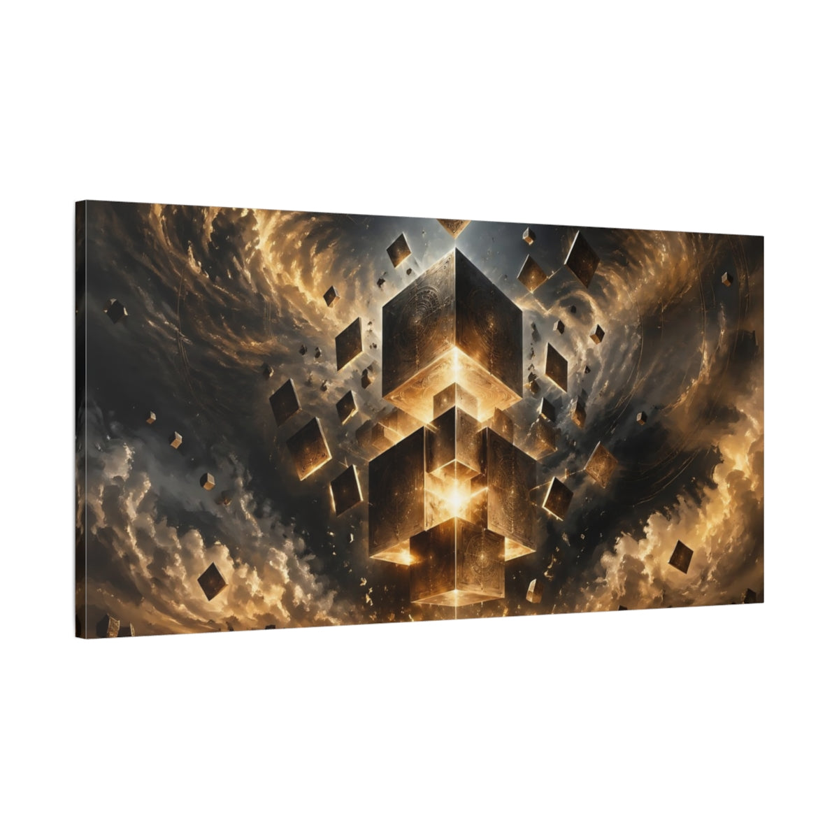 Main Mockup. Abstract Glowing Cubes Gold And Black shown as stretched canvas wall art