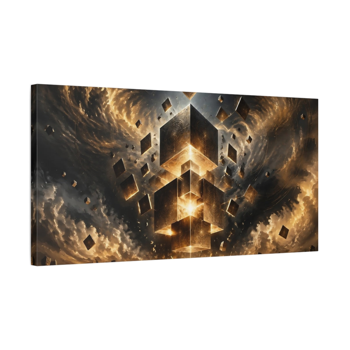 Side Mockup 1. Abstract Glowing Cubes Gold And Black shown as stretched canvas wall art
