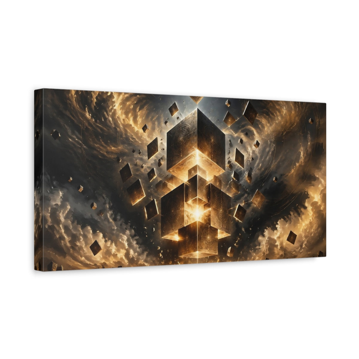 Side Mockup 3. Abstract Glowing Cubes Gold And Black shown as stretched canvas wall art
