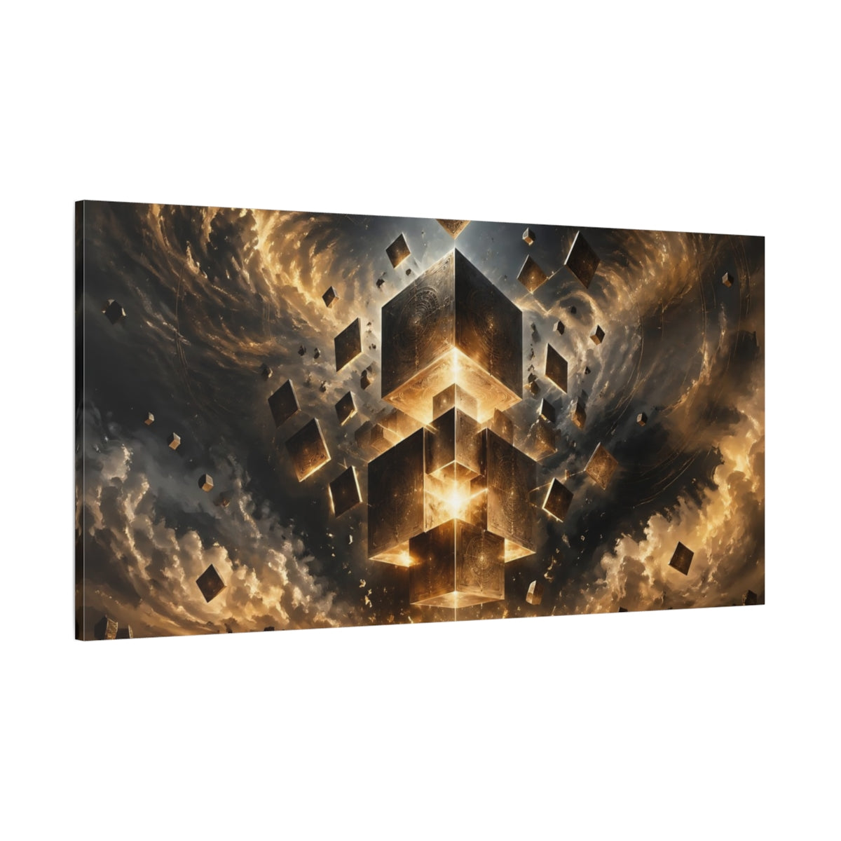 Side Mockup 2. Abstract Glowing Cubes Gold And Black shown as stretched canvas wall art
