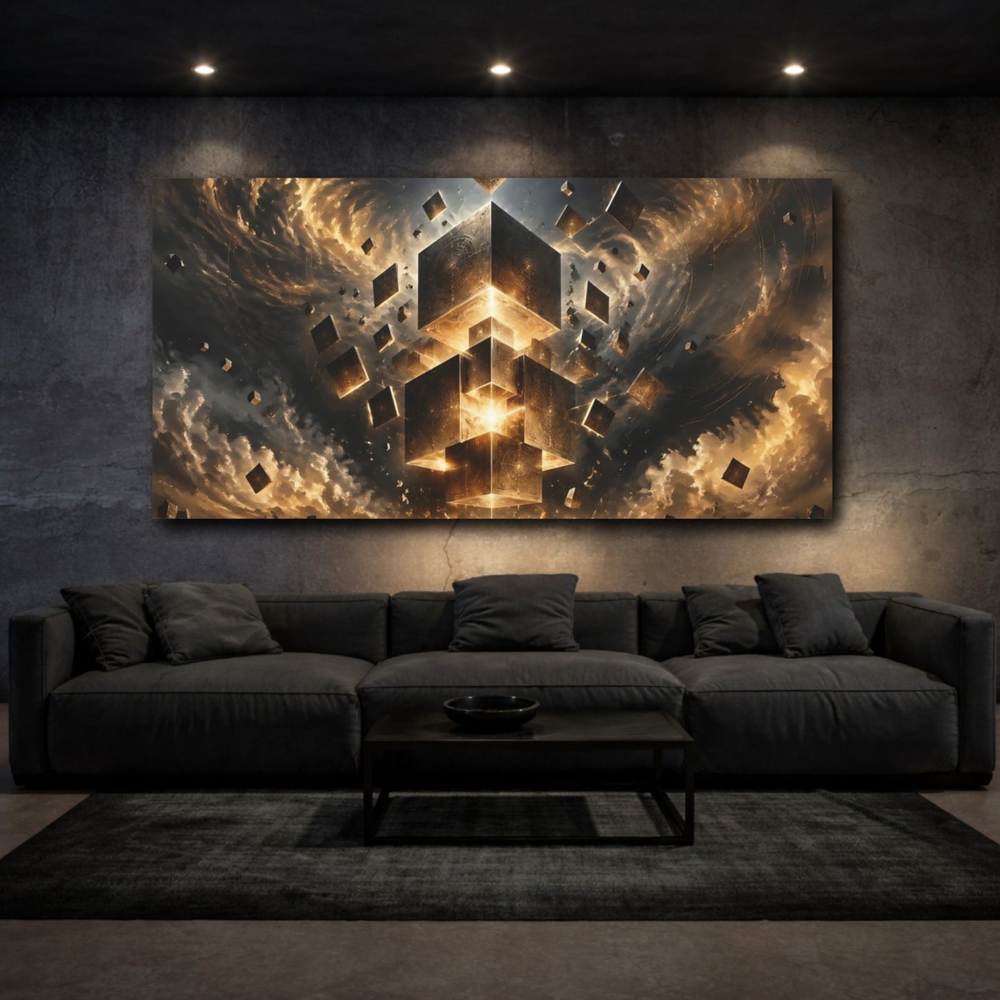 Mockup 2. Abstract Glowing Cubes Gold And Black shown as stretched canvas wall art
