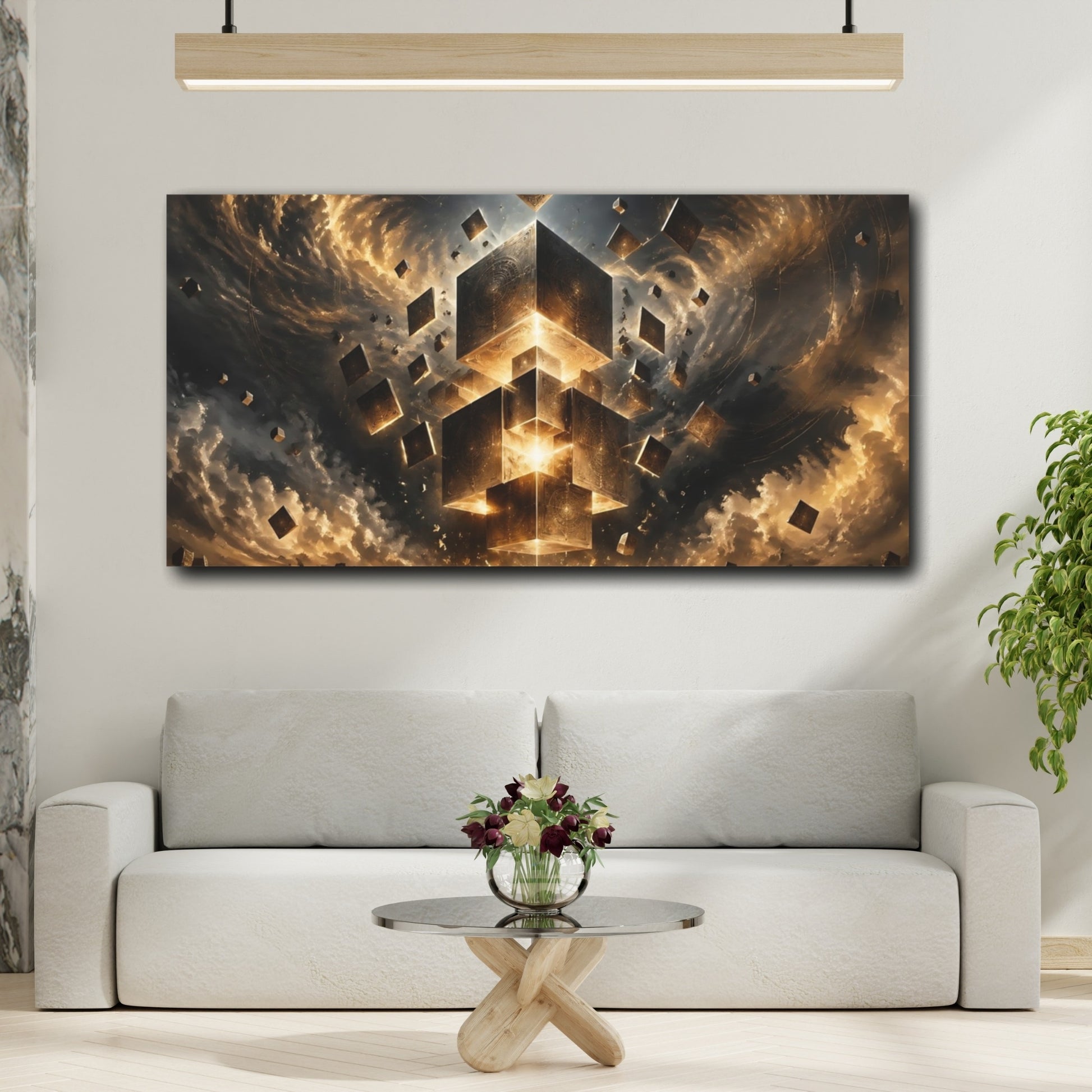 Mockup 3. Abstract Glowing Cubes Gold And Black shown as stretched canvas wall art