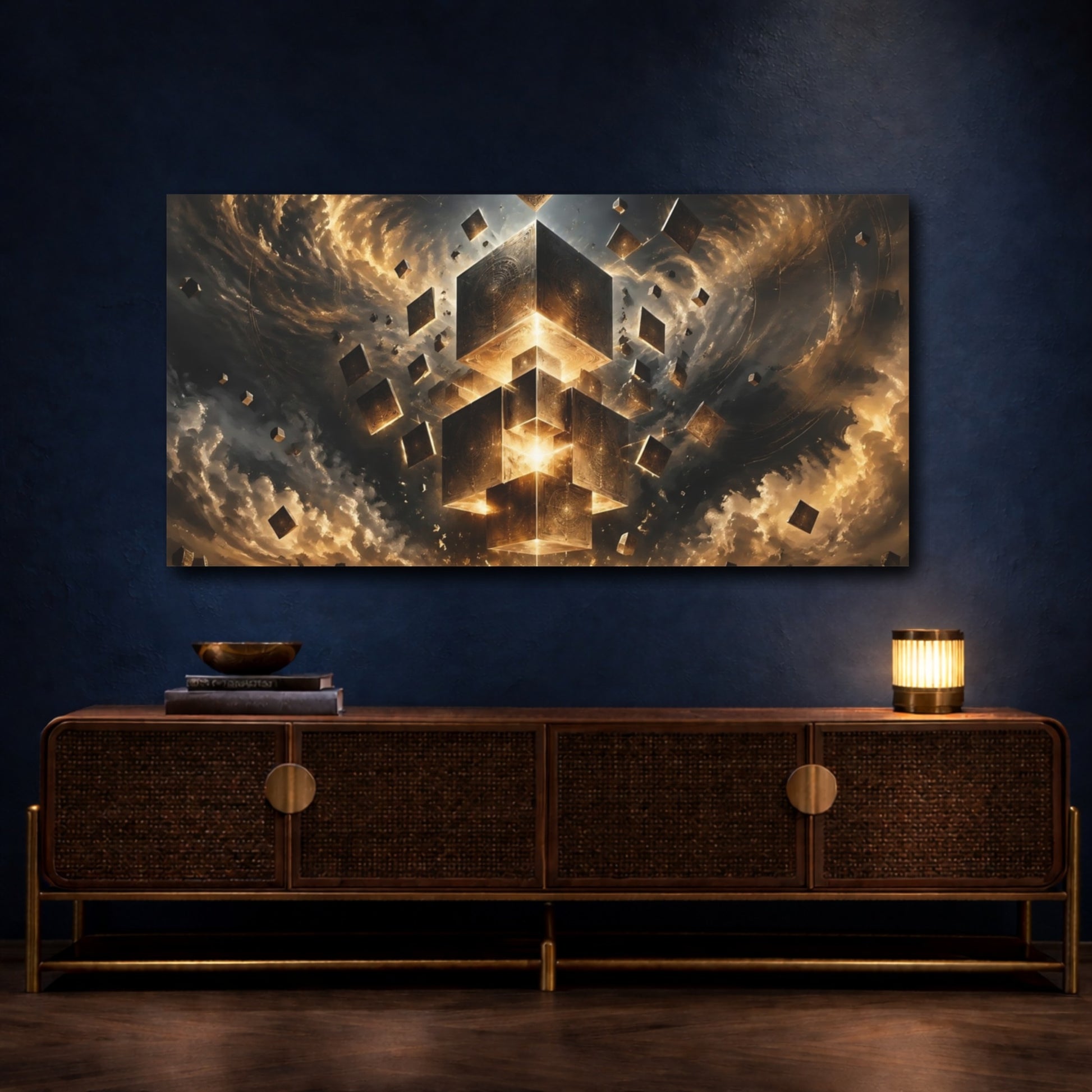 Mockup 4. Abstract Glowing Cubes Gold And Black shown as stretched canvas wall art