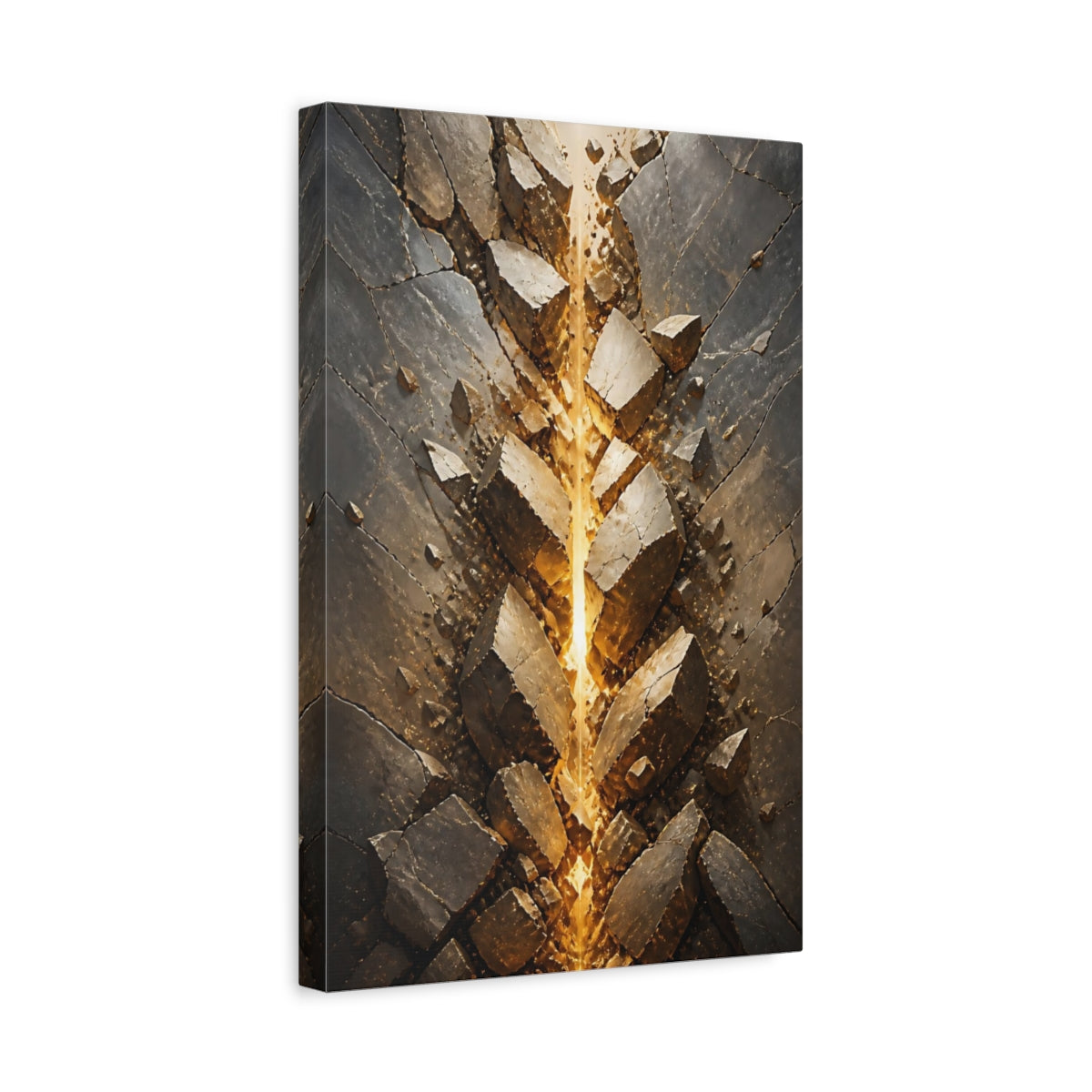 Side Mockup 4. Abstract Glowing Fissure Dark Grey And Gold shown as stretched canvas wall art