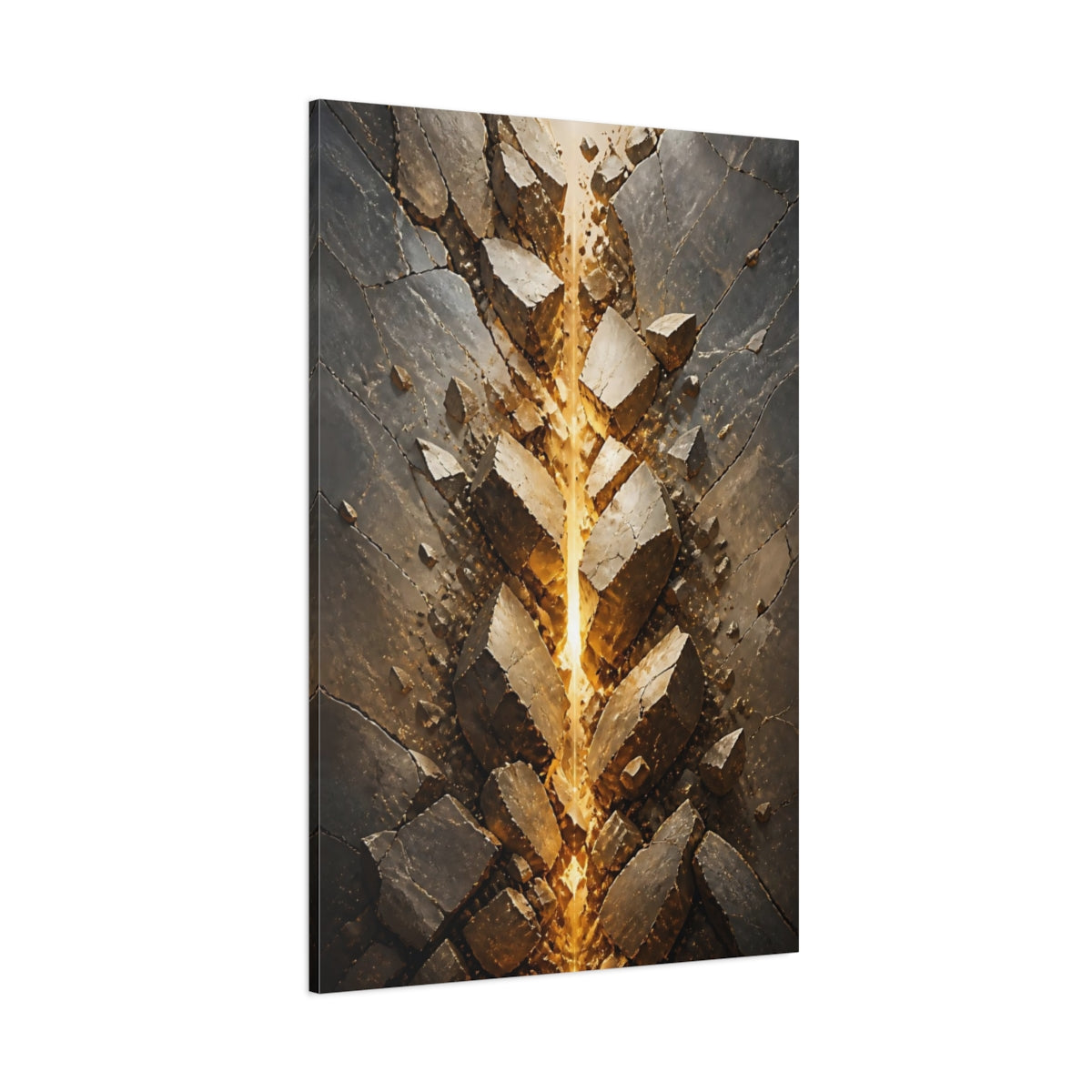 Side Mockup 1. Abstract Glowing Fissure Dark Grey And Gold shown as stretched canvas wall art