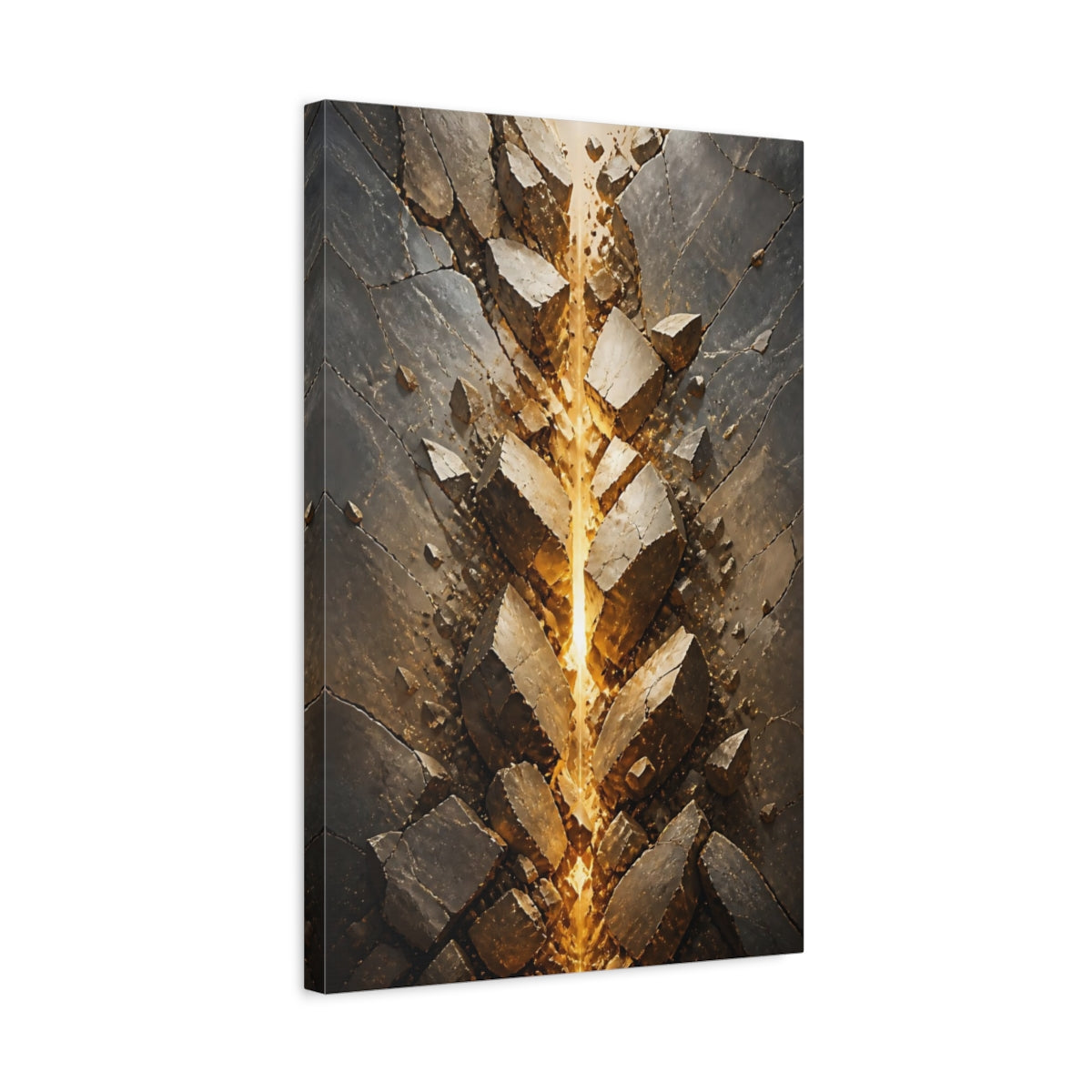 Side Mockup 3. Abstract Glowing Fissure Dark Grey And Gold shown as stretched canvas wall art