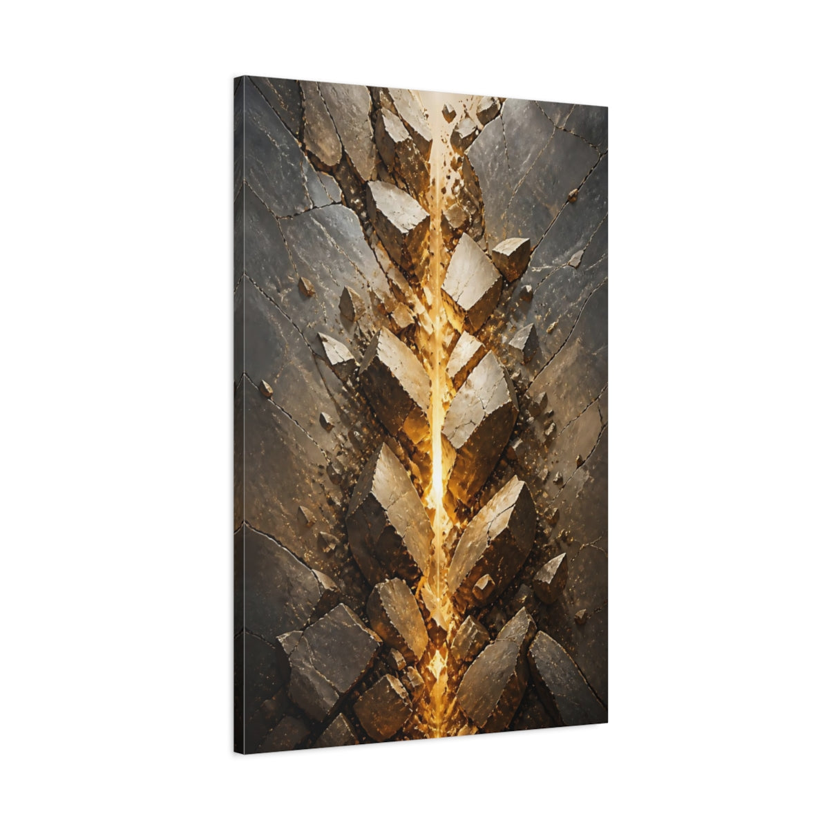 Main Mockup. Abstract Glowing Fissure Dark Grey And Gold shown as stretched canvas wall art