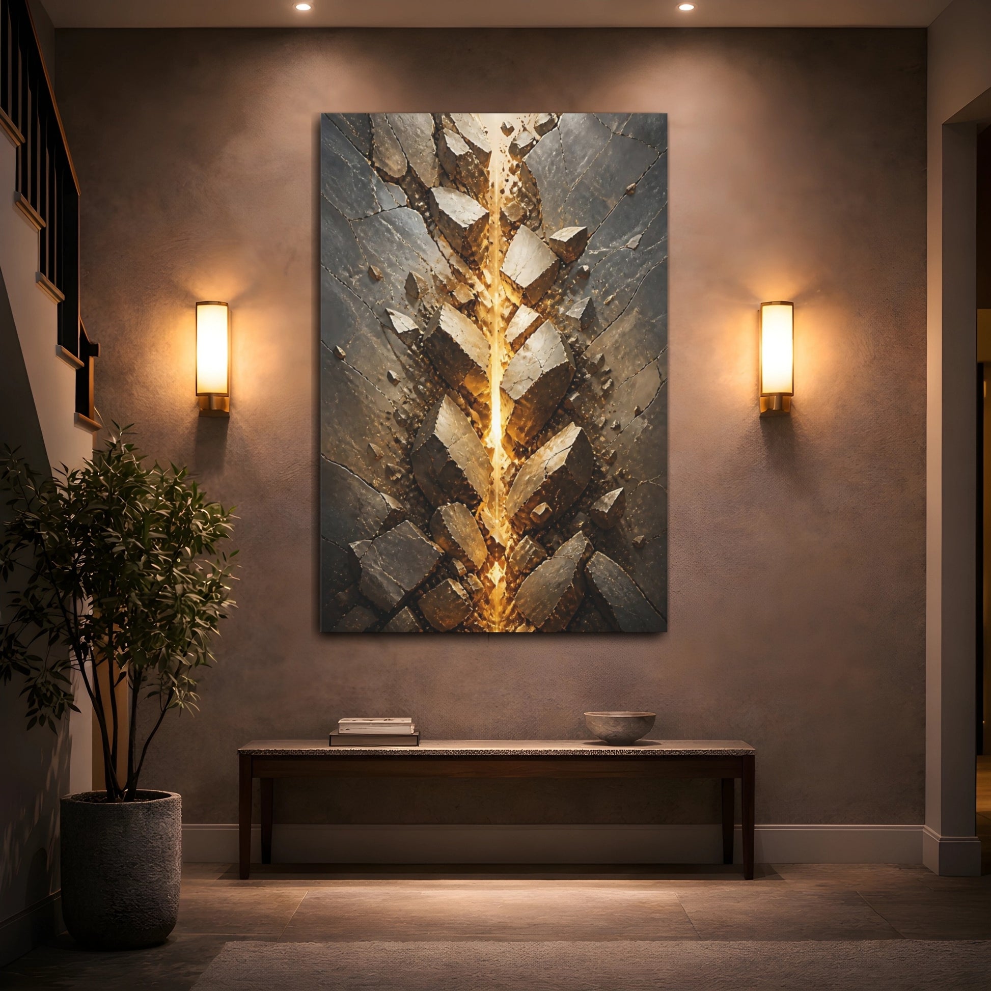 Mockup 2. Abstract Glowing Fissure Dark Grey And Gold shown as stretched canvas wall art