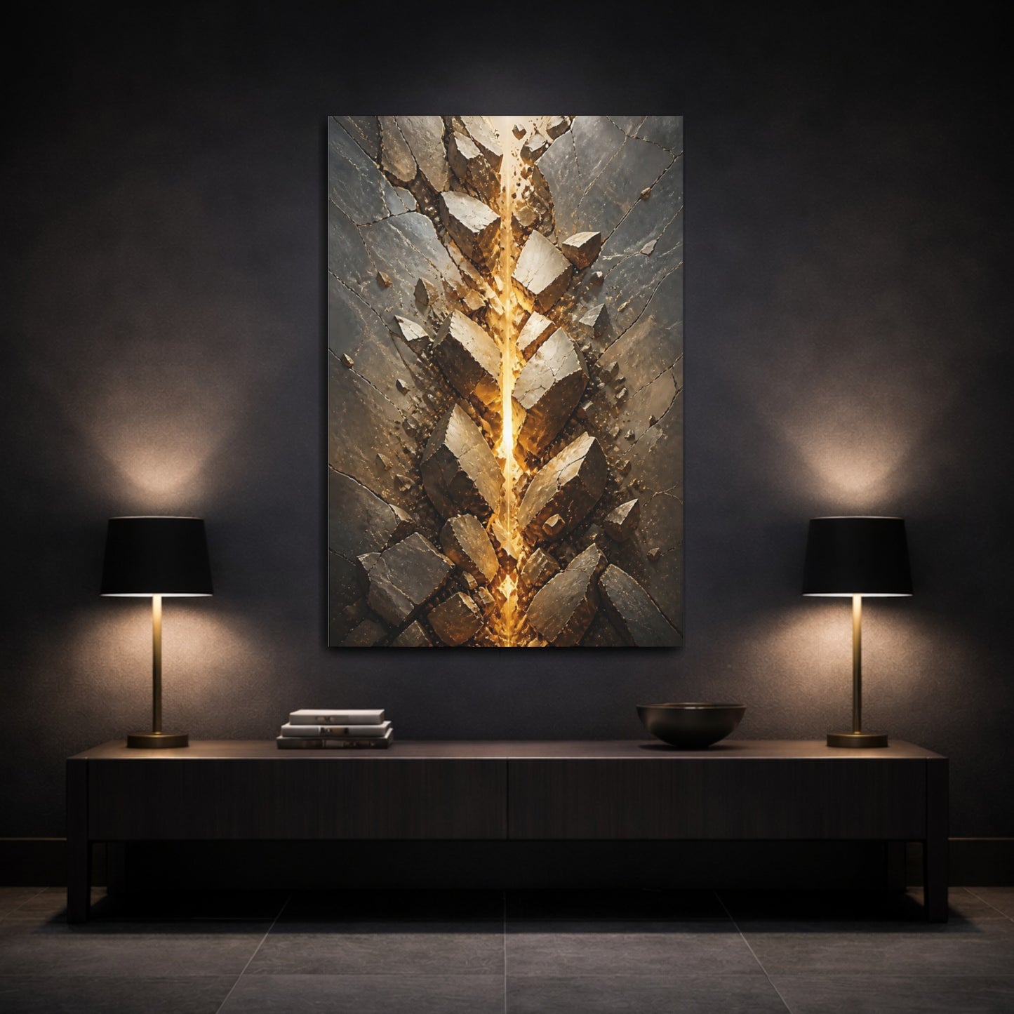 Mockup 3. Abstract Glowing Fissure Dark Grey And Gold shown as stretched canvas wall art