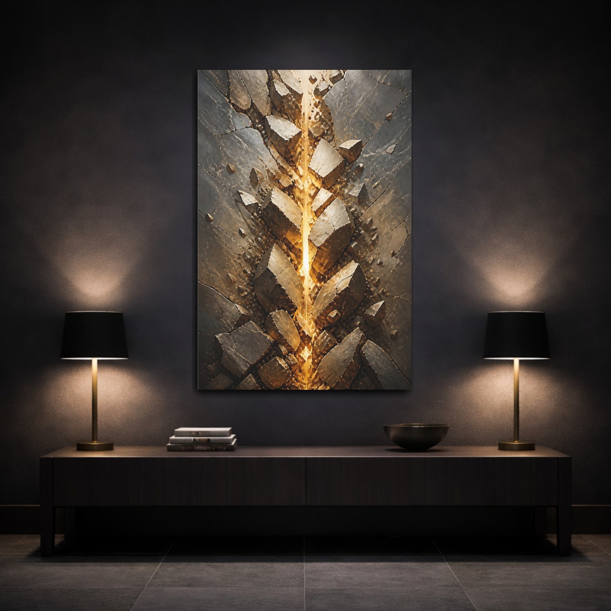 Mockup 3. Abstract Glowing Fissure Dark Grey And Gold shown as stretched canvas wall art