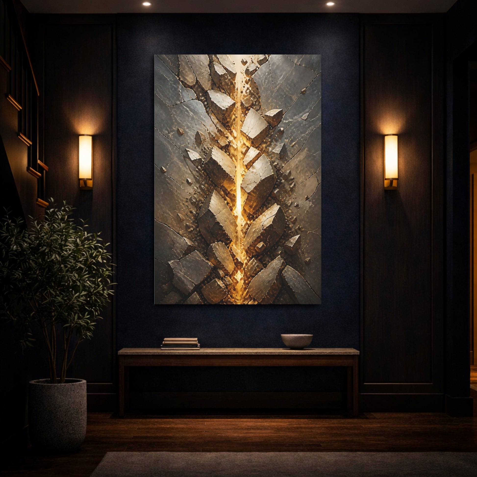 Mockup 4. Abstract Glowing Fissure Dark Grey And Gold shown as stretched canvas wall art