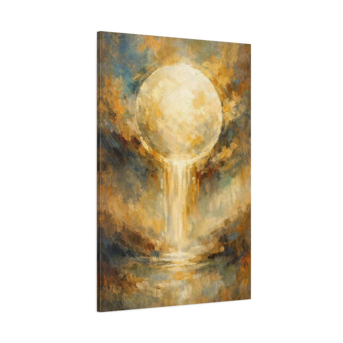 Main Mockup. Abstract Glowing Orb Gold And Blue Abstract shown as stretched canvas wall art