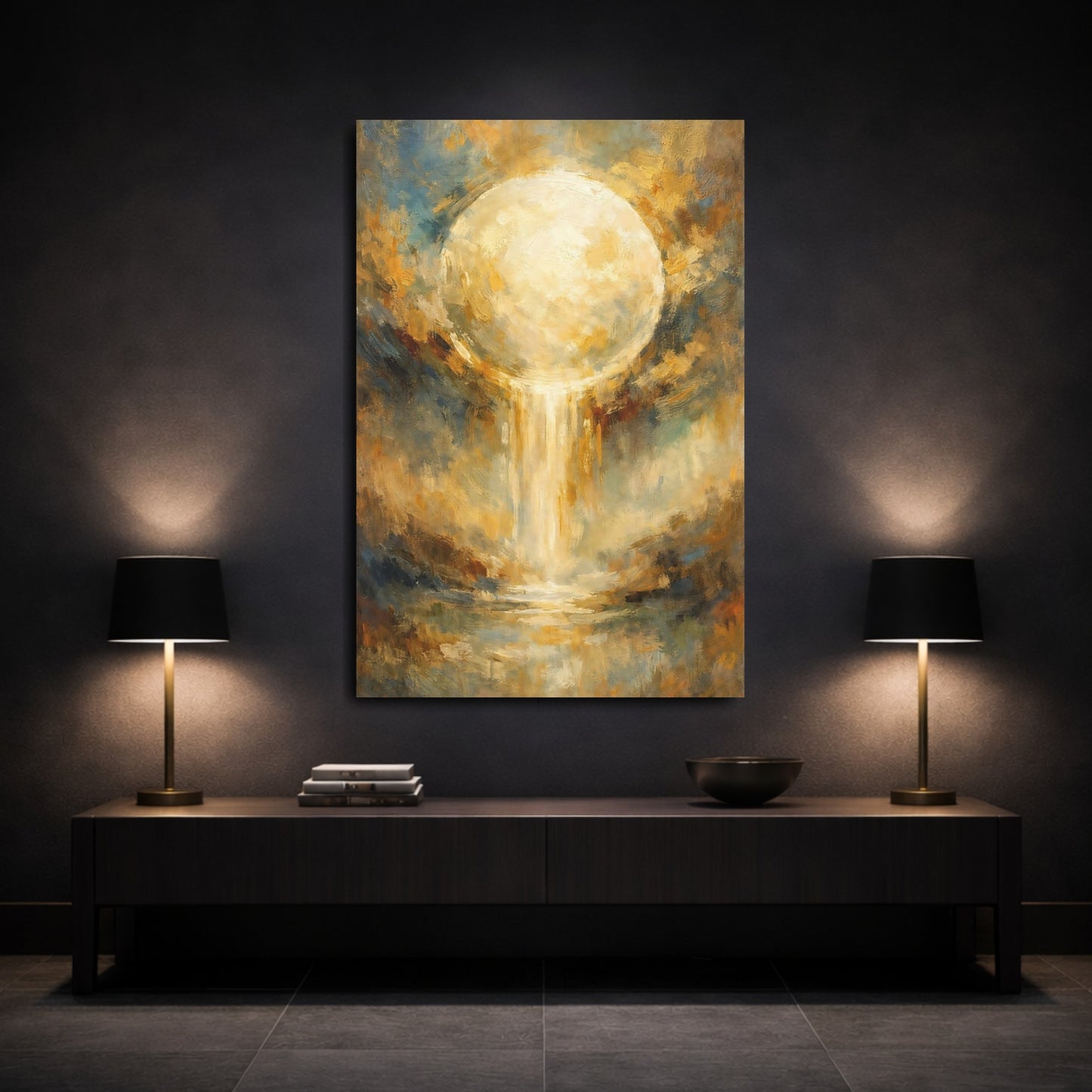 Mockup 2. Abstract Glowing Orb Gold And Blue Abstract shown as stretched canvas wall art