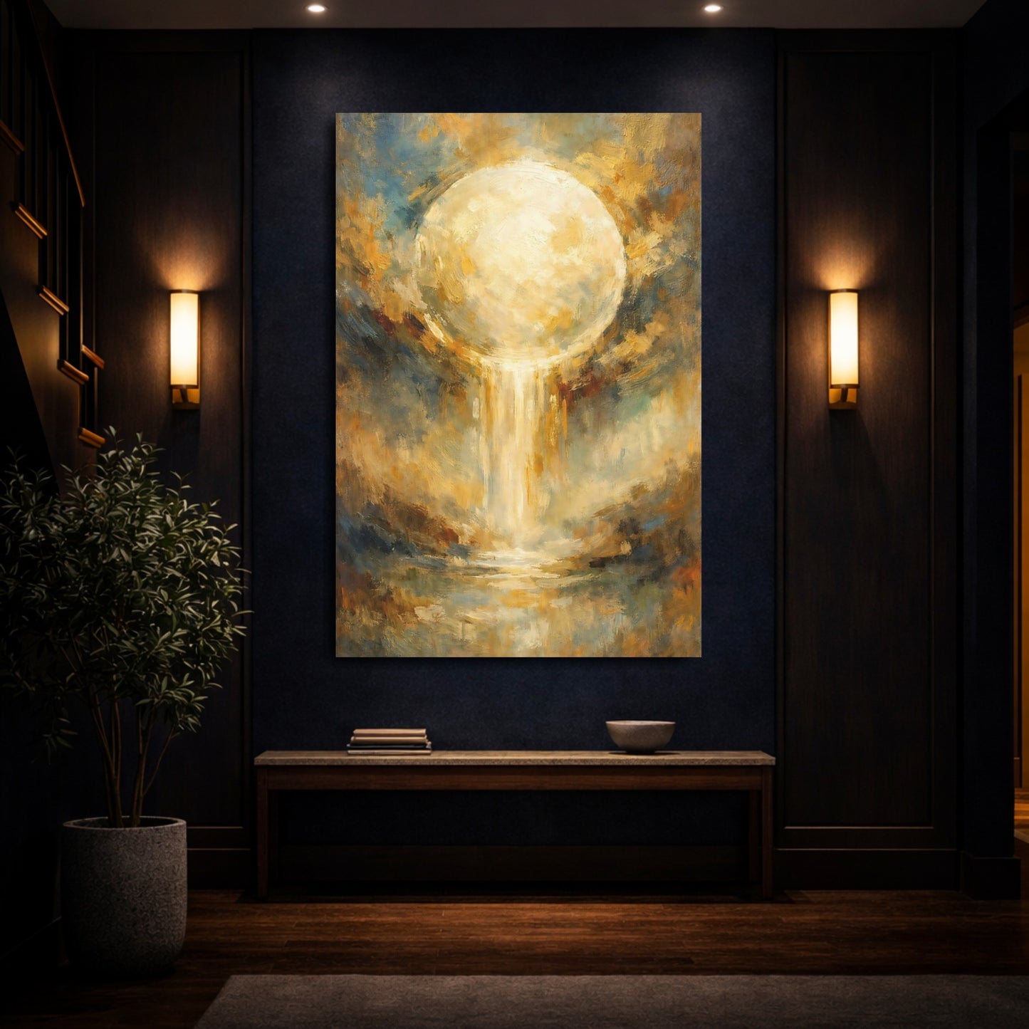 Mockup 3. Abstract Glowing Orb Gold And Blue Abstract shown as stretched canvas wall art