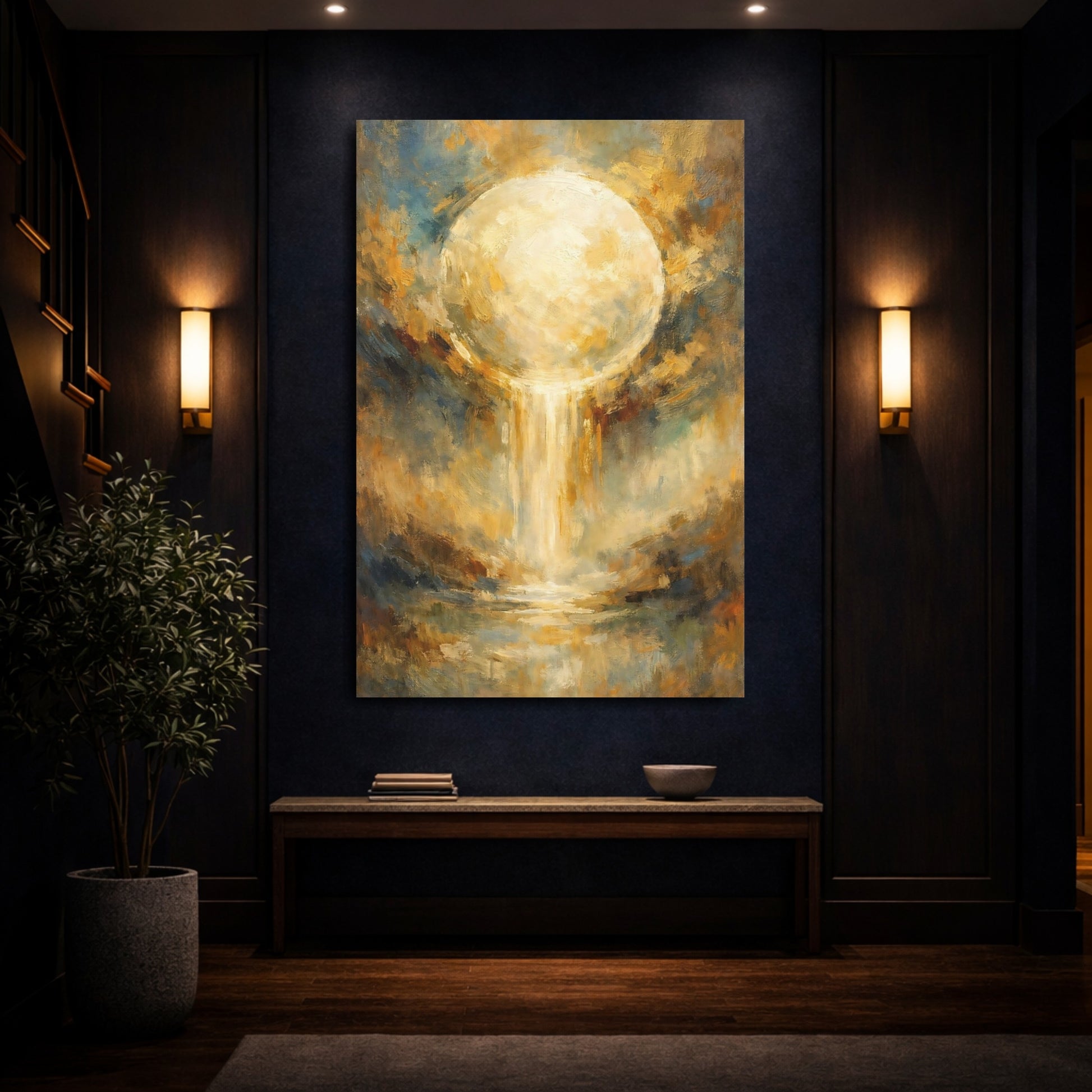 Mockup 3. Abstract Glowing Orb Gold And Blue Abstract shown as stretched canvas wall art