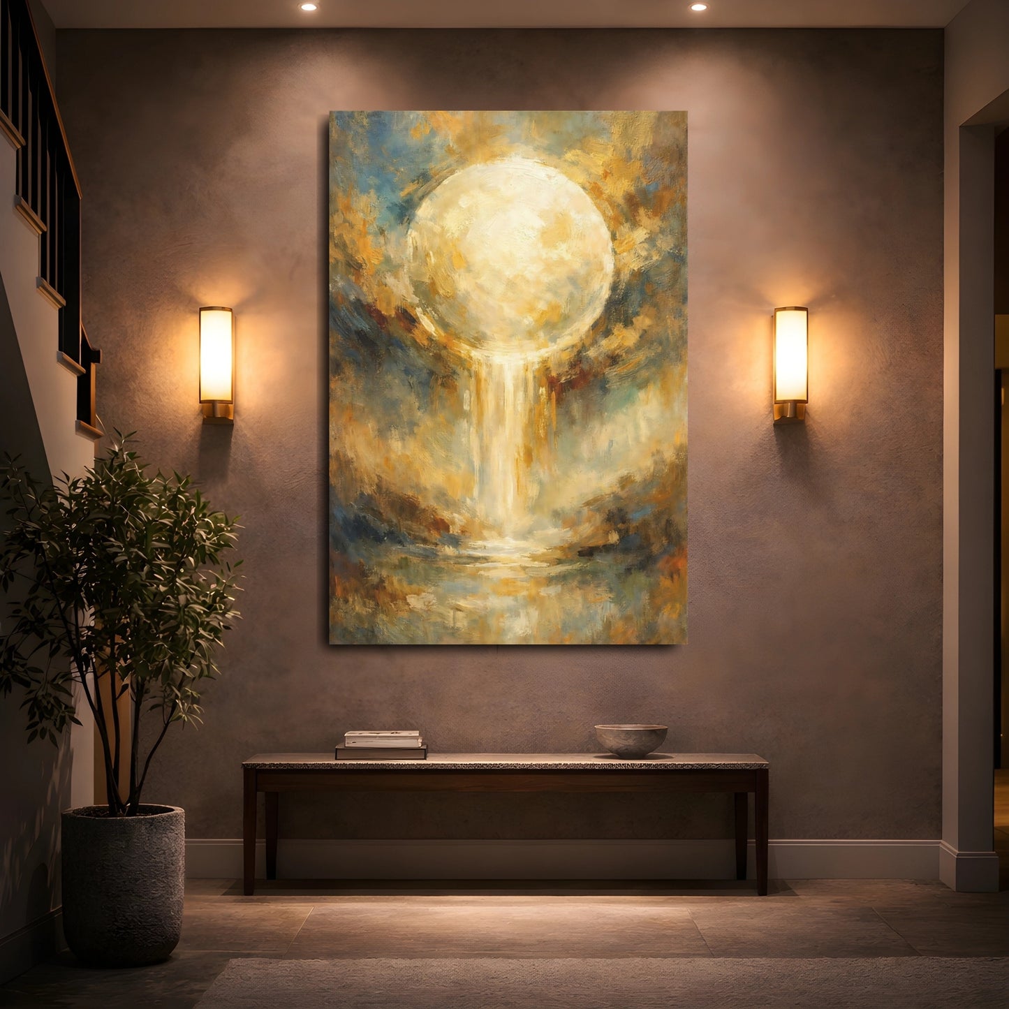 Mockup 4. Abstract Glowing Orb Gold And Blue Abstract shown as stretched canvas wall art