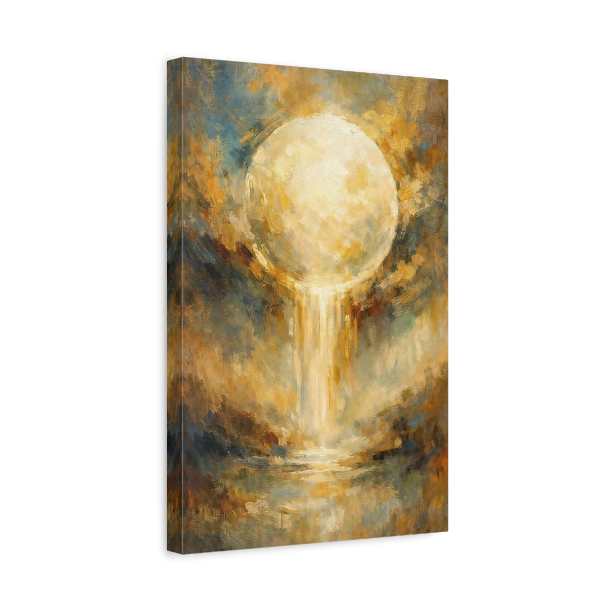 Side Mockup 4. Abstract Glowing Orb Gold And Blue Abstract shown as stretched canvas wall art