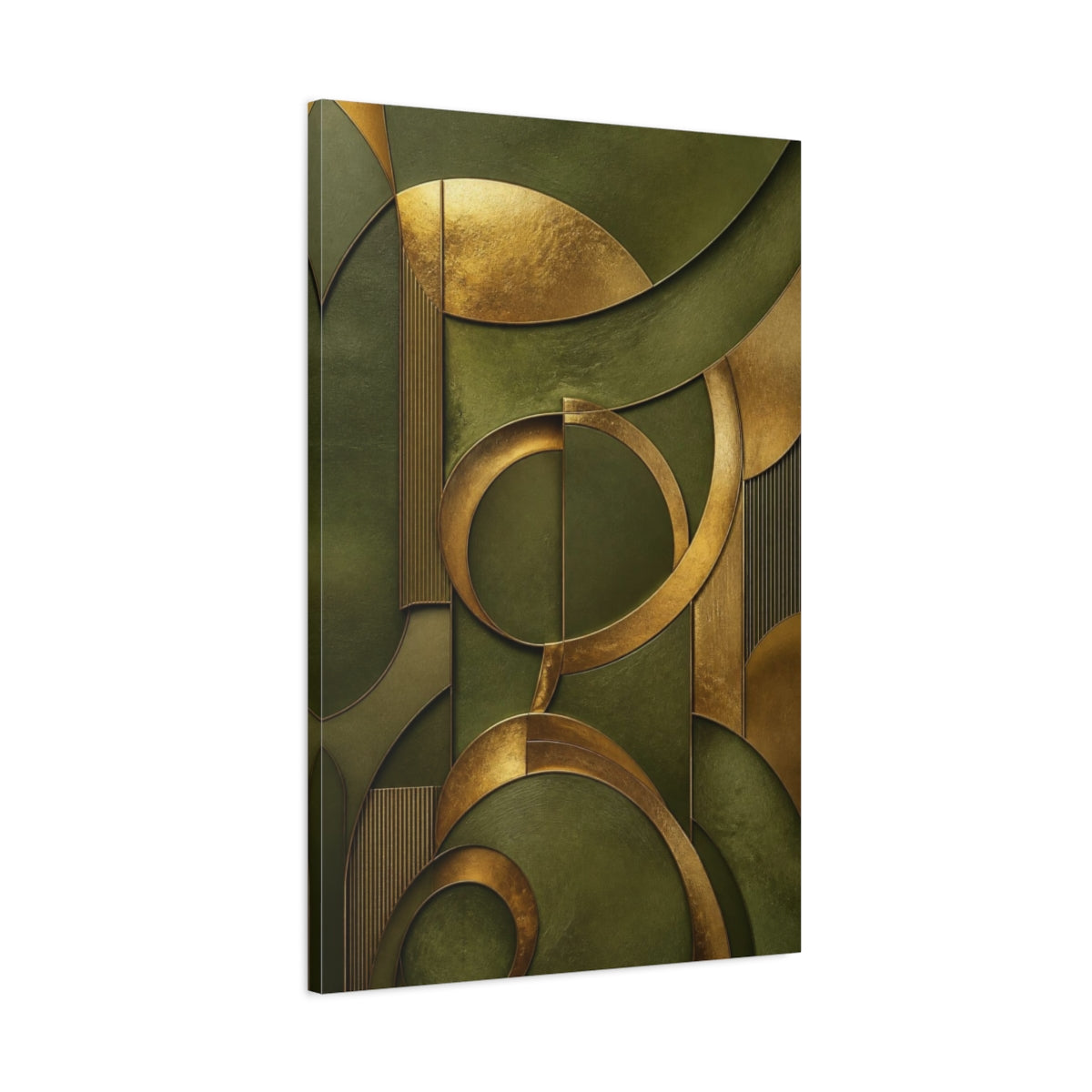 Main Mockup. Abstract Gold & Olive Arcs shown as canvas print