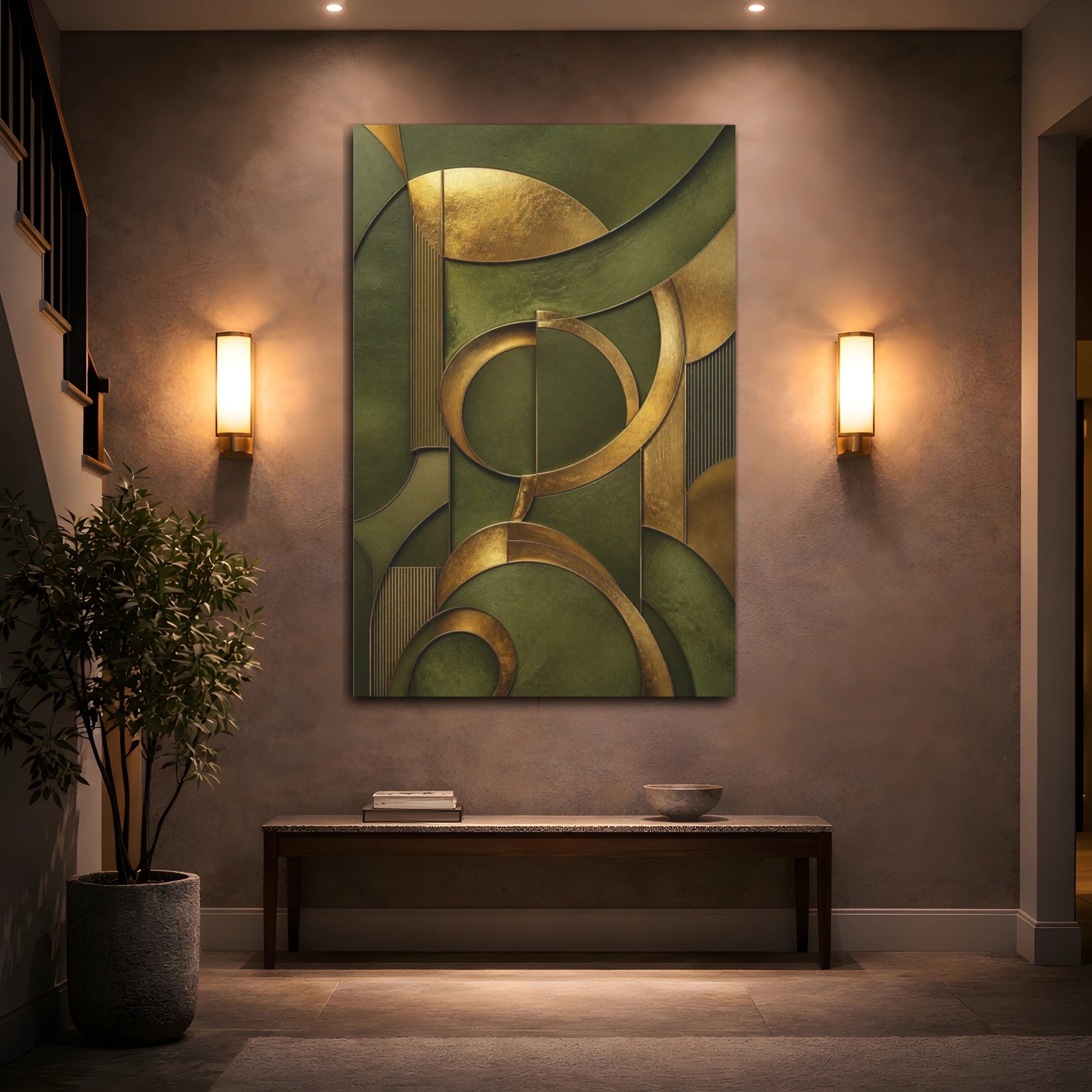 Mockup 2. Abstract Gold & Olive Arcs shown as canvas print