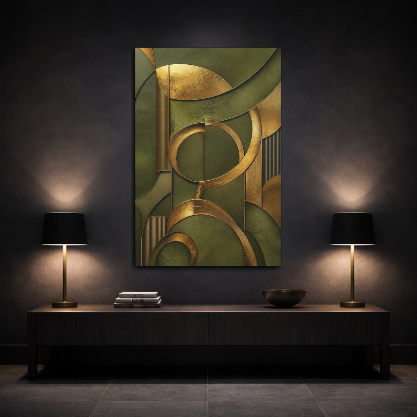 Mockup 3. Abstract Gold & Olive Arcs shown as canvas print