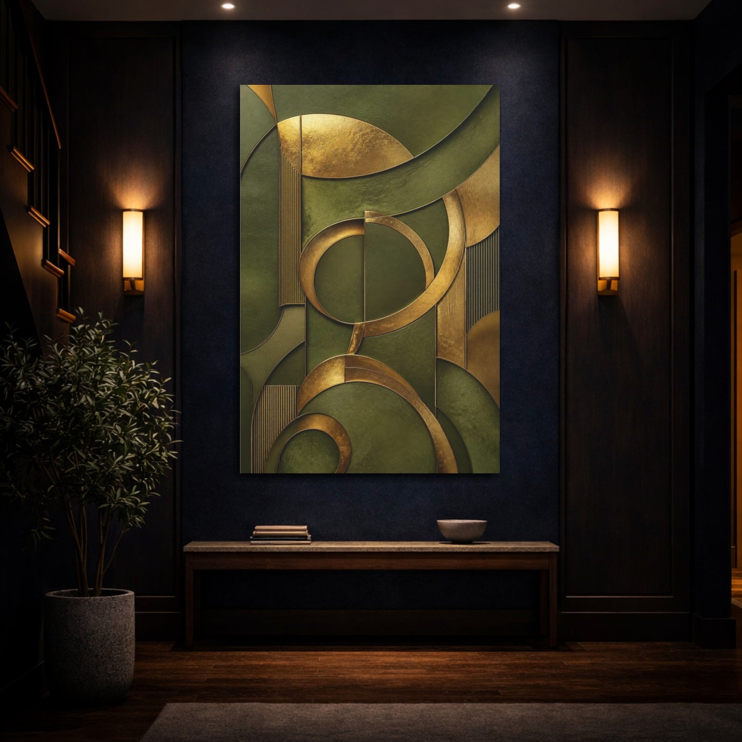 Mockup 4. Abstract Gold & Olive Arcs shown as canvas print