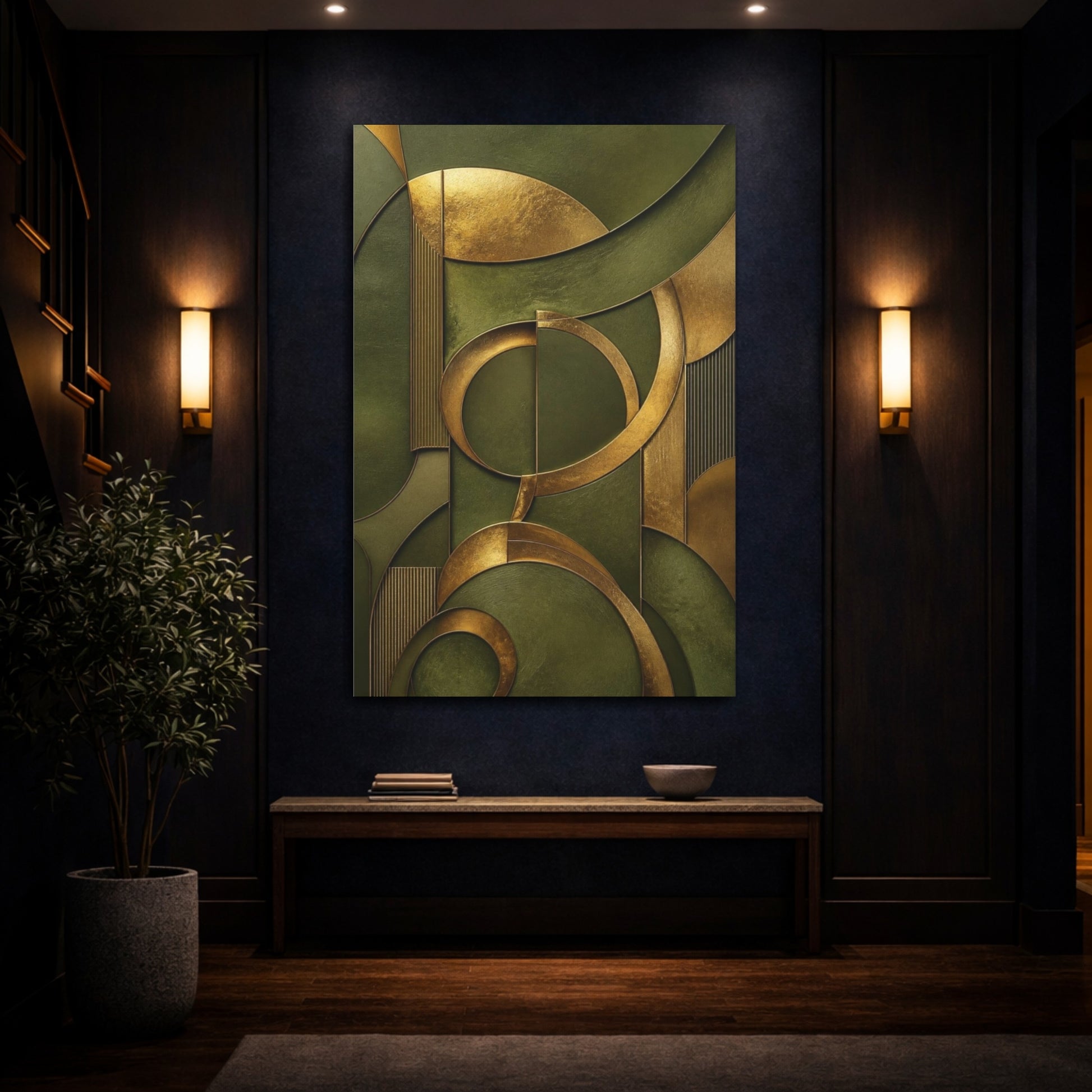 Mockup 4. Abstract Gold & Olive Arcs shown as canvas print