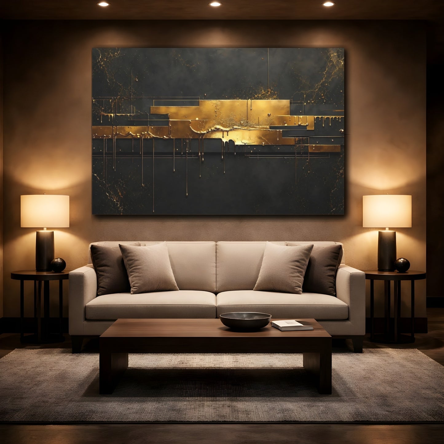 Mockup 2. Abstract Gold Abstract Black And Gold shown as stretched canvas wall art